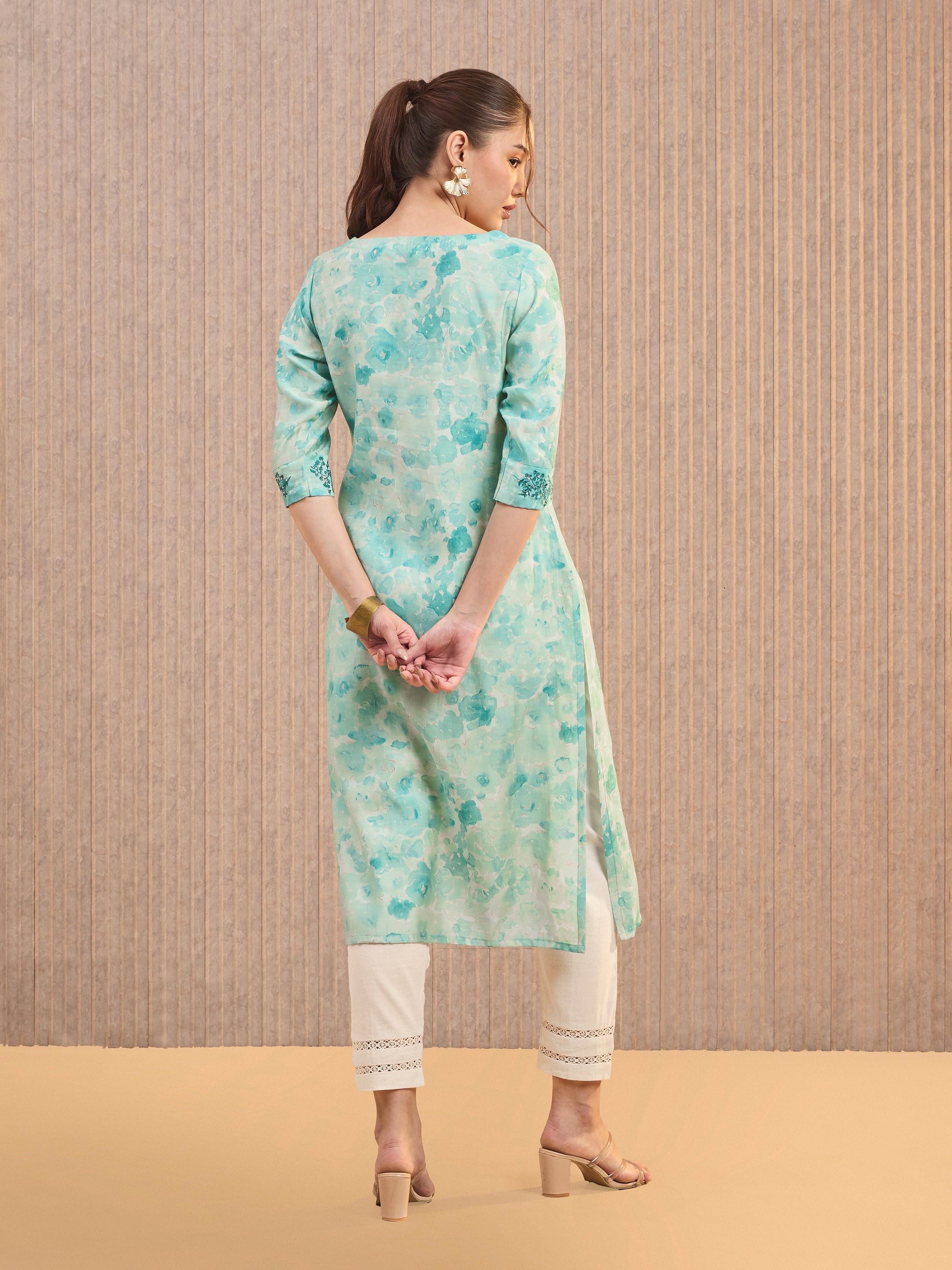 Aqua Green Modal Chanderi Foil Printed Kurti With Embroidery& Sequins Work