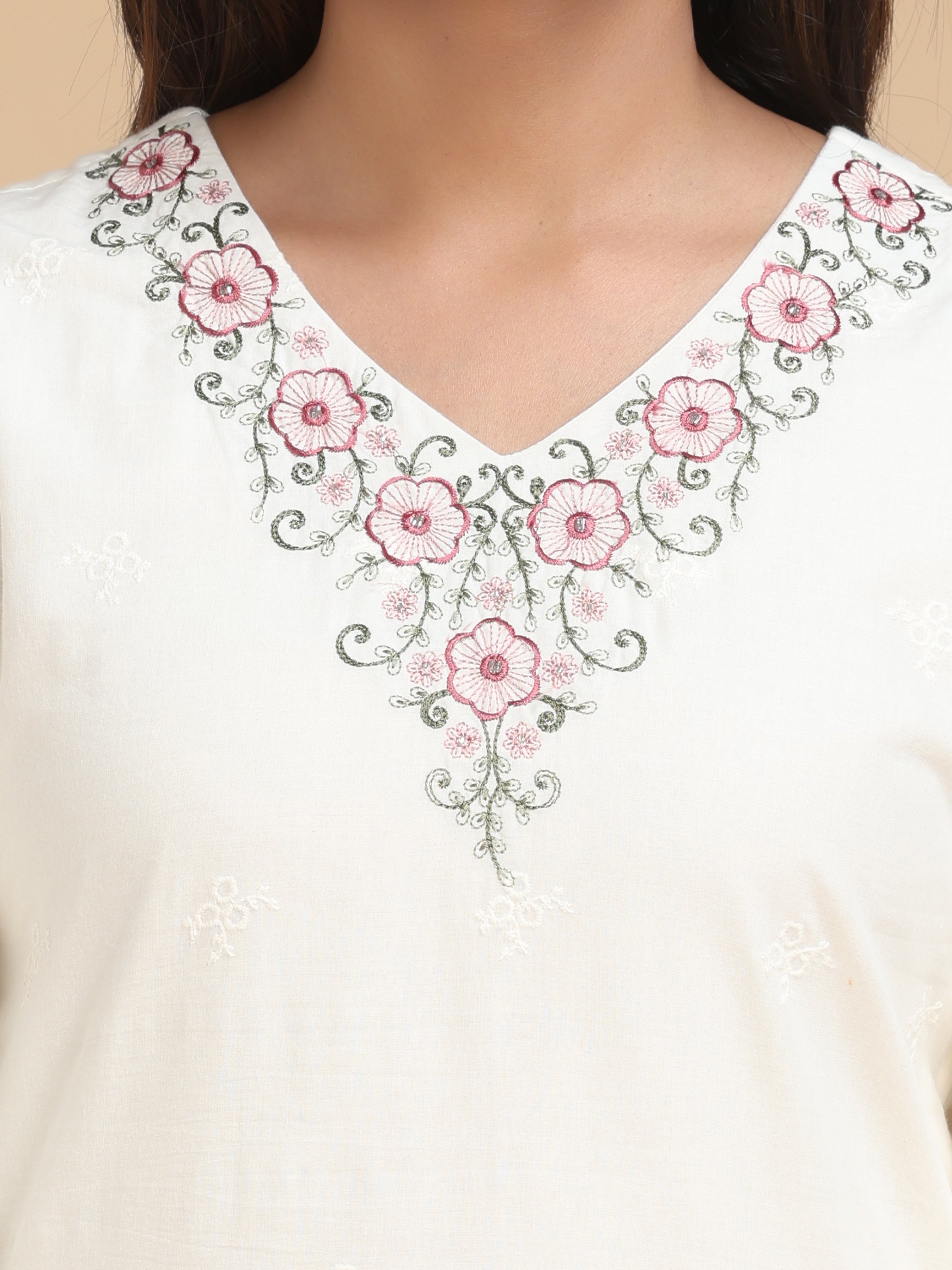 Off White Pure Cotton Kurti With Embroidery