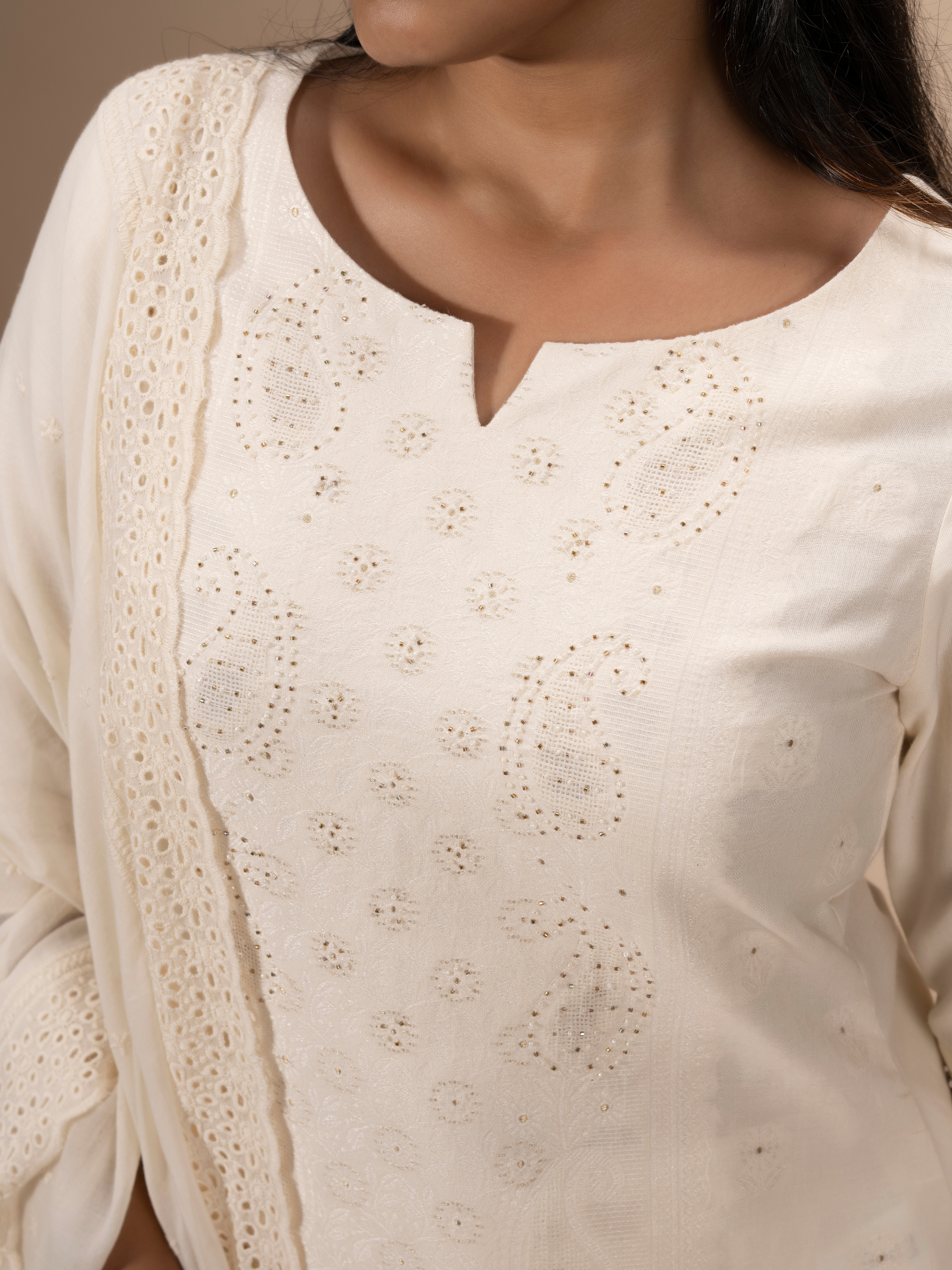 Off White Pure Cotton Kurti With Embroidery