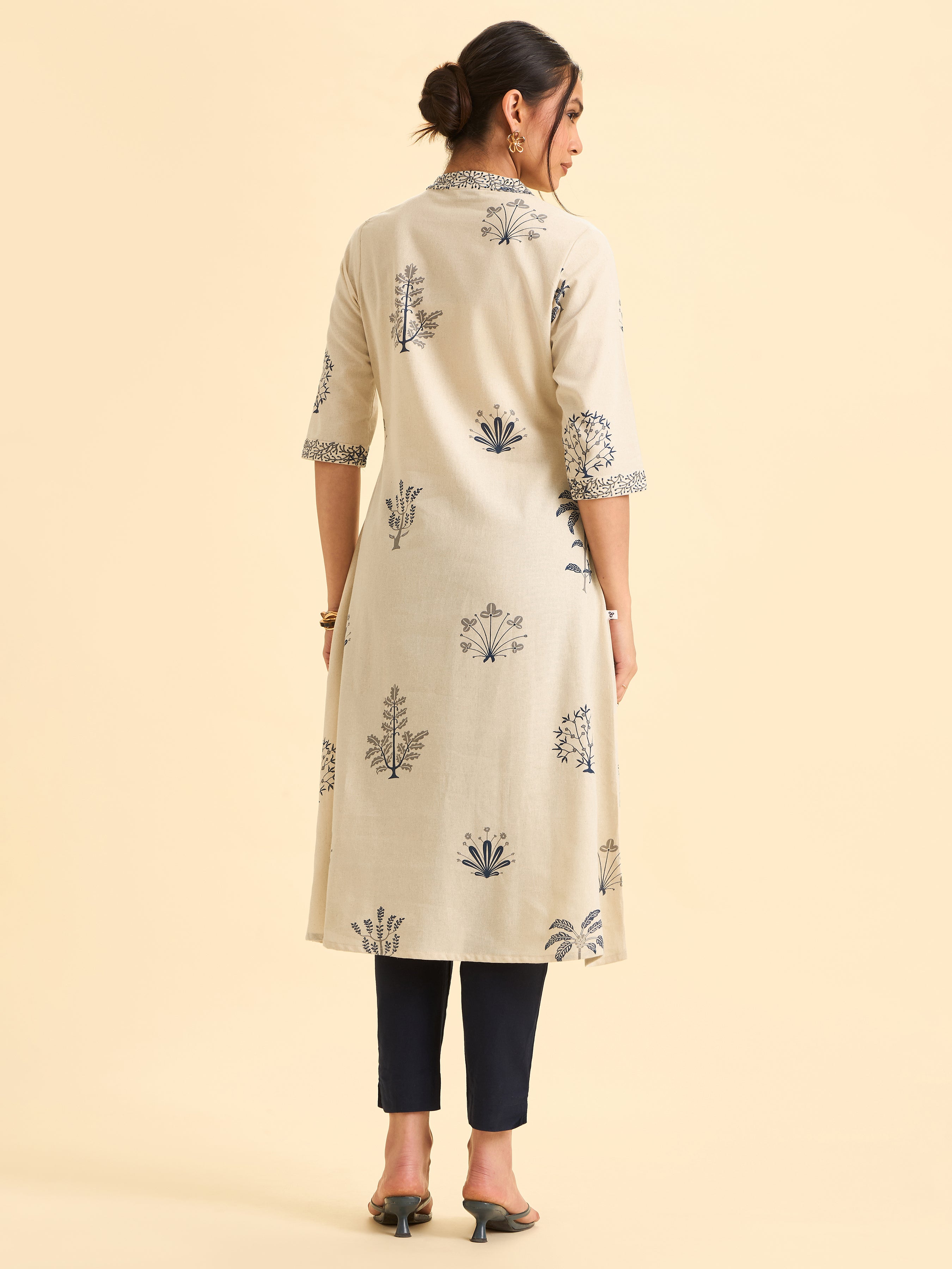 Ivory Cotton Flax Printed Flared Kurti With Embroidery