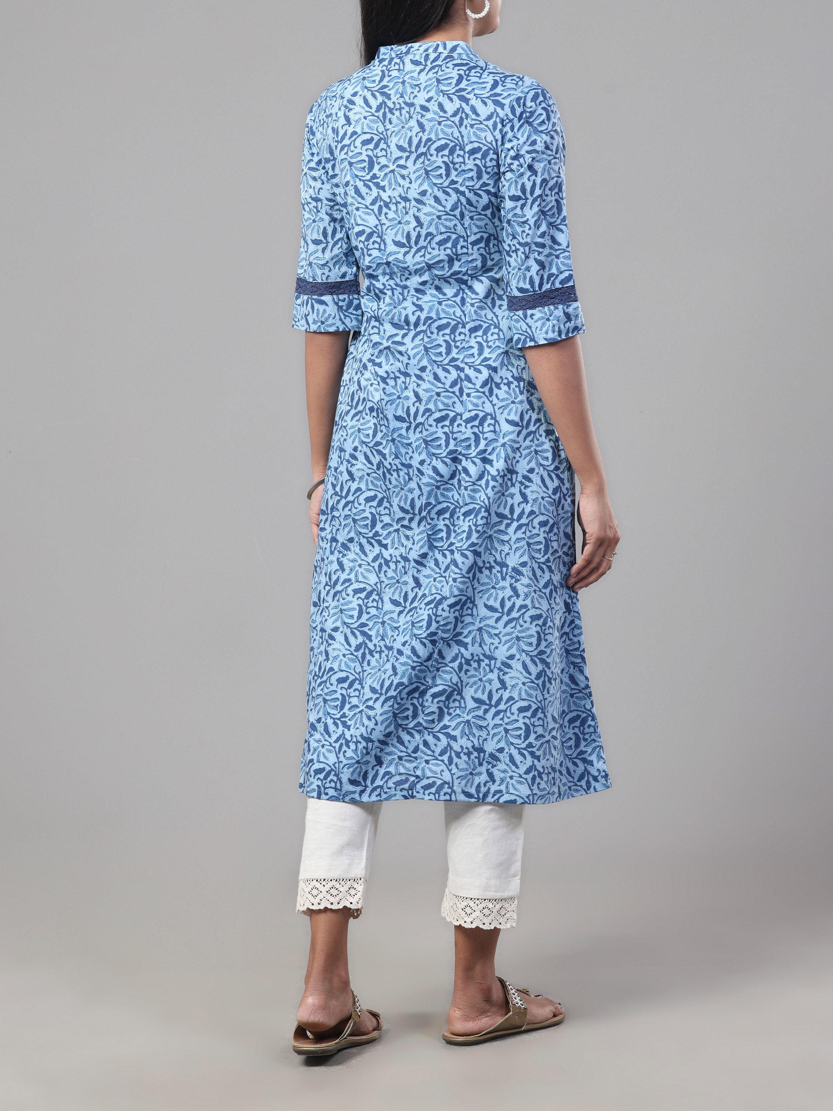 Blue Pure Cotton Printed Kurti With Sequins Work