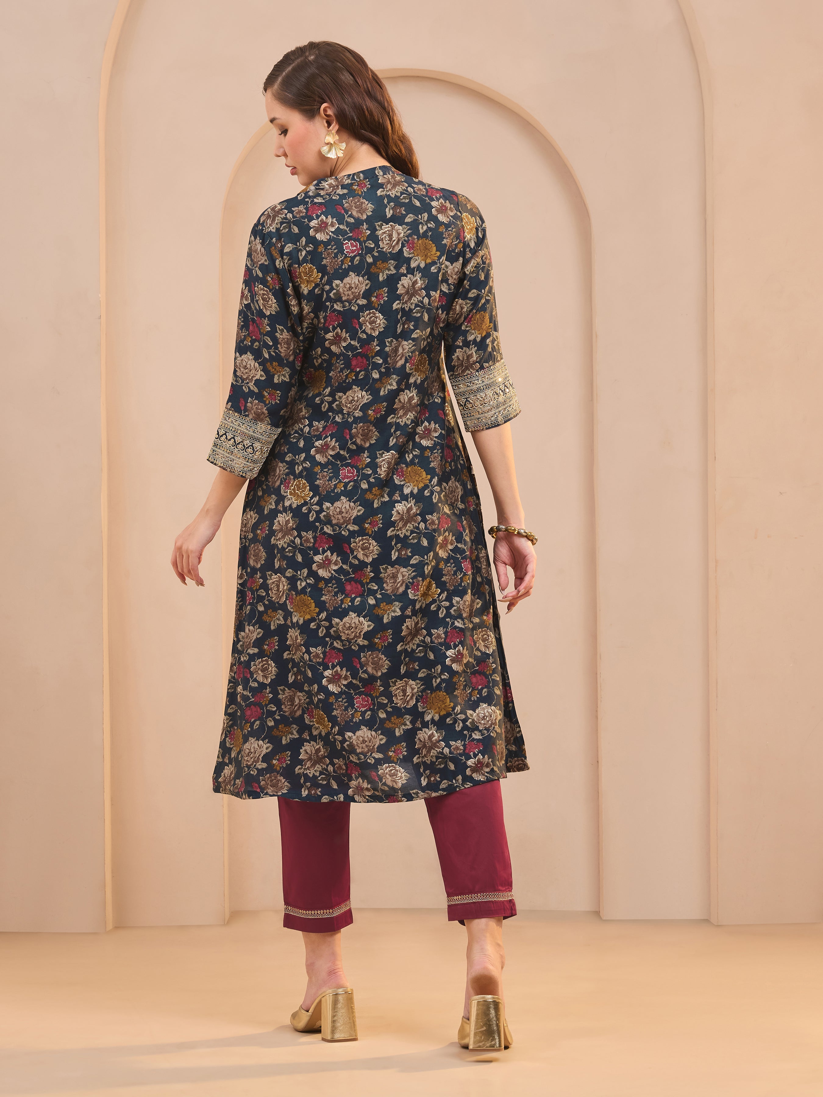 Navy Blue Modal Chanderi Printed Kurti With Embroidery And Matching Bottom