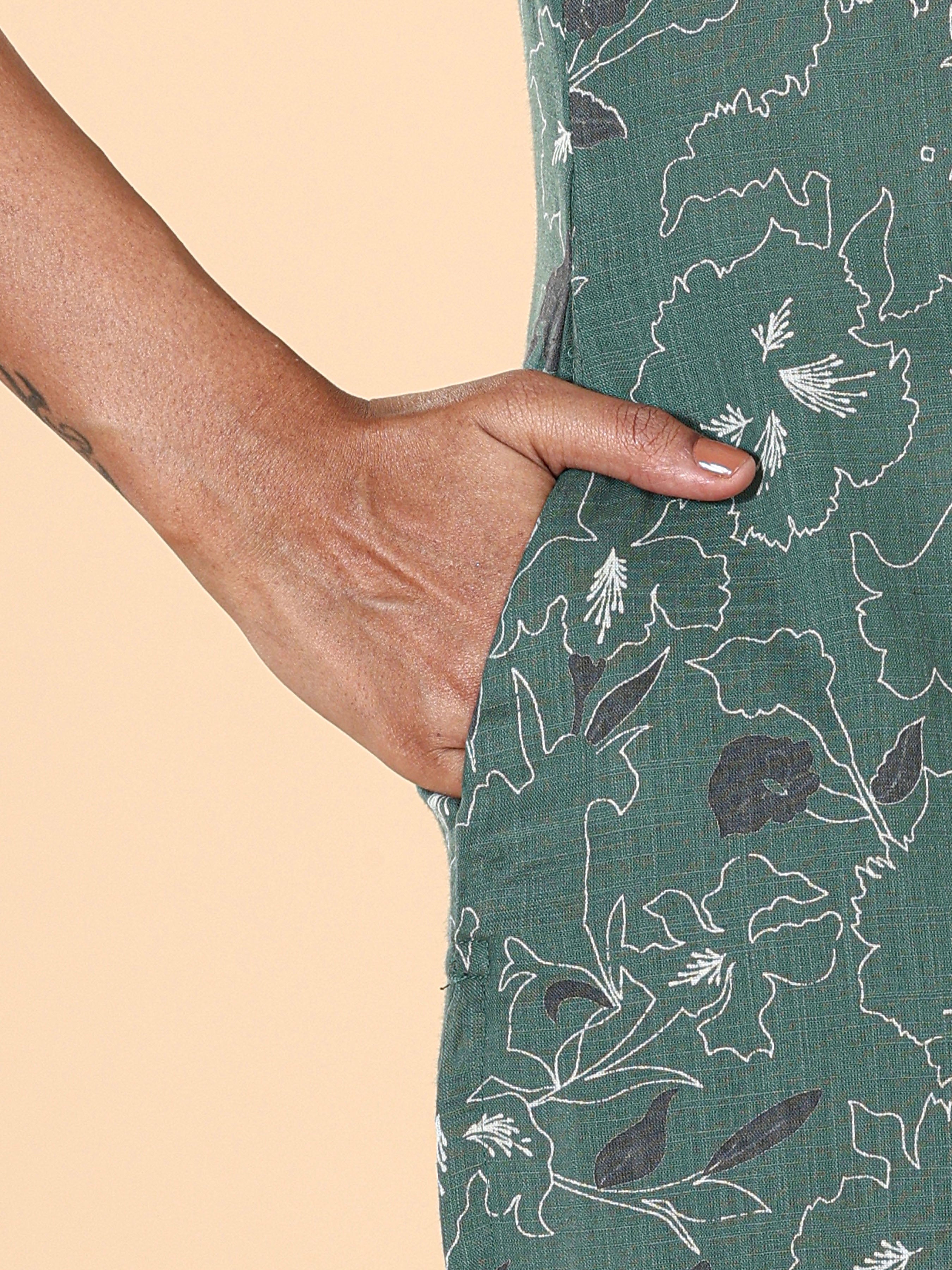 Bottle Green Cotton Slub Printed Kurti With Lace Detailing