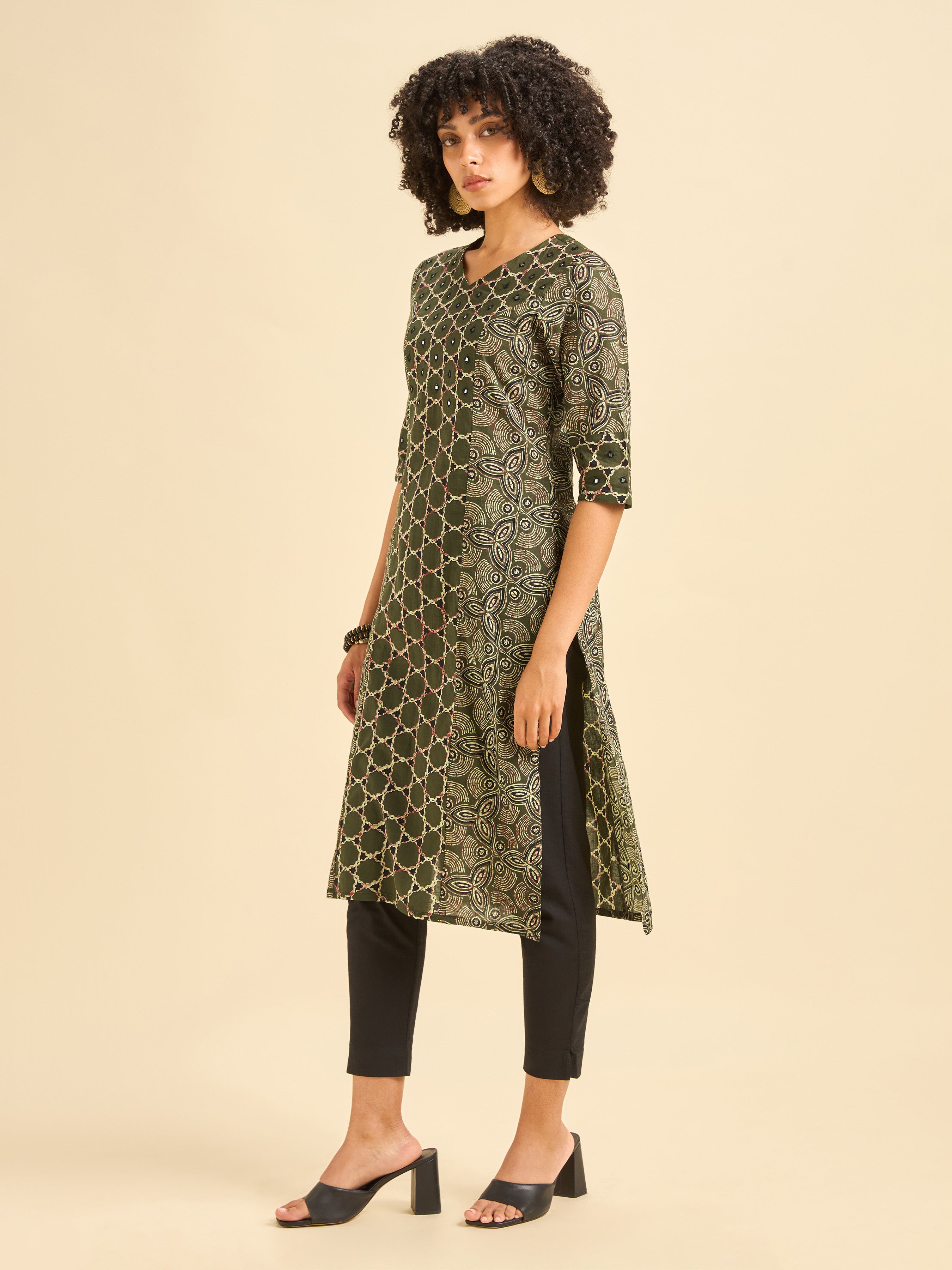 Olive Green Pure Cotton Printed Kurti With Mirror Work