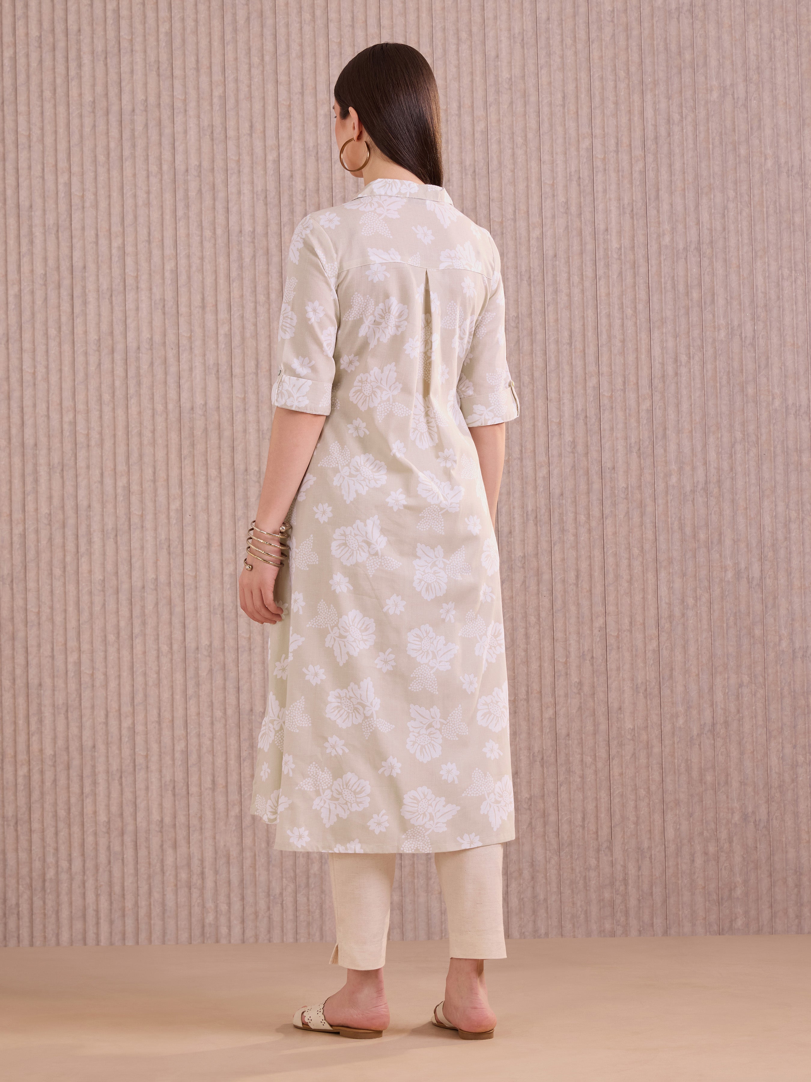 Beige Cotton Flax Kurti With Print