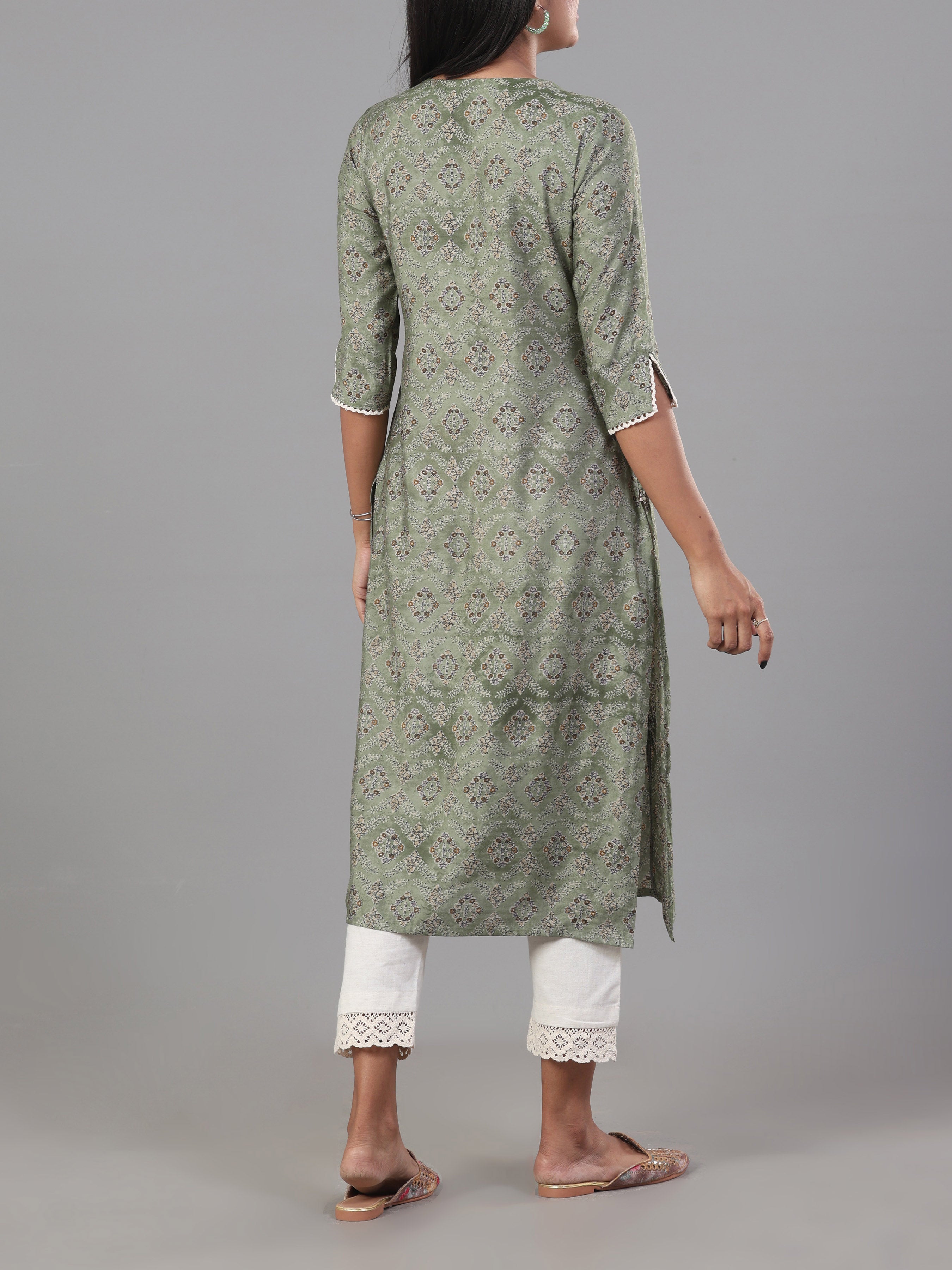 Olive Green Modal Chanderi Printed Kurti With Embroidery