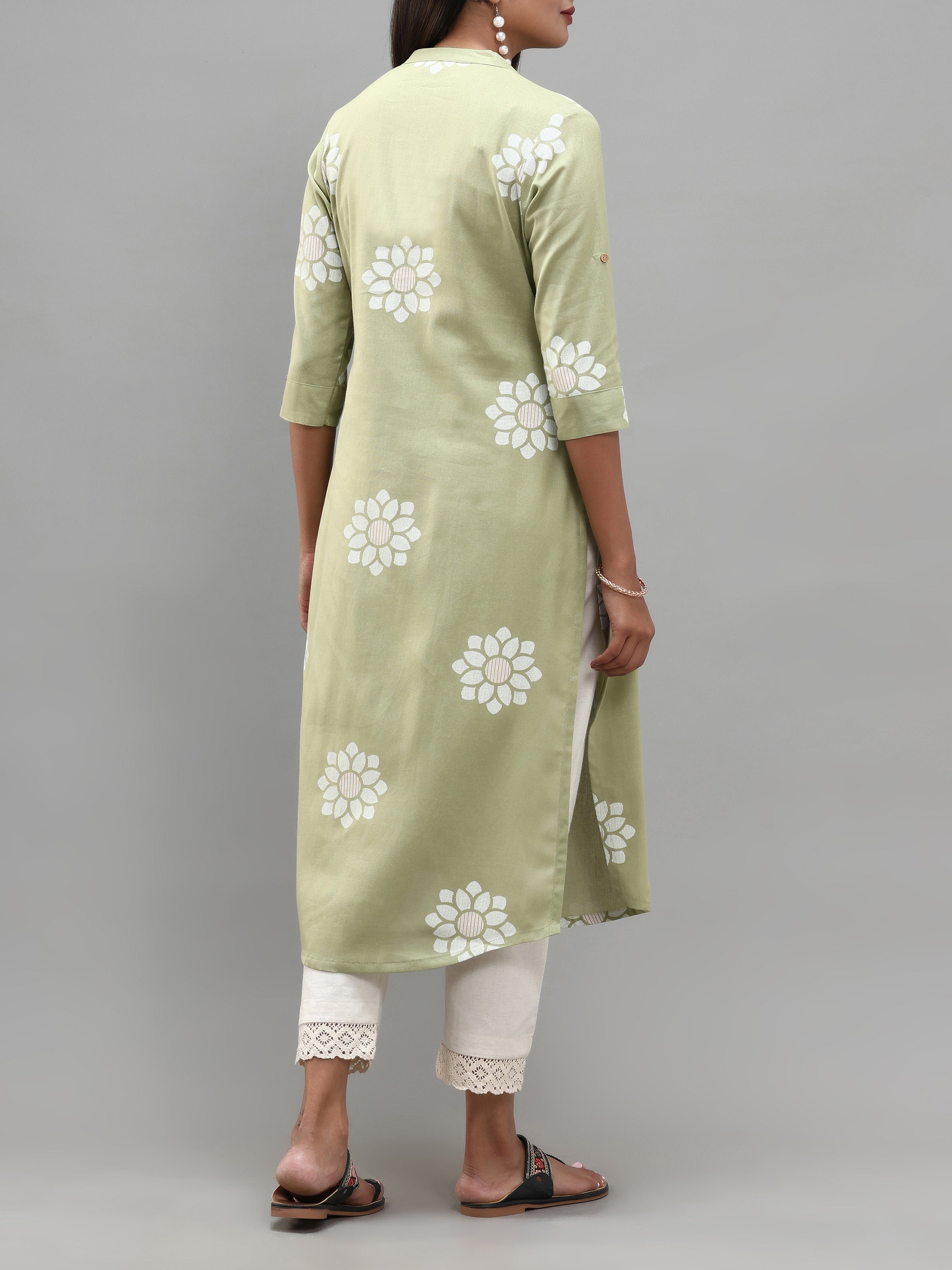 Green Cotton Flax Kurti With Print