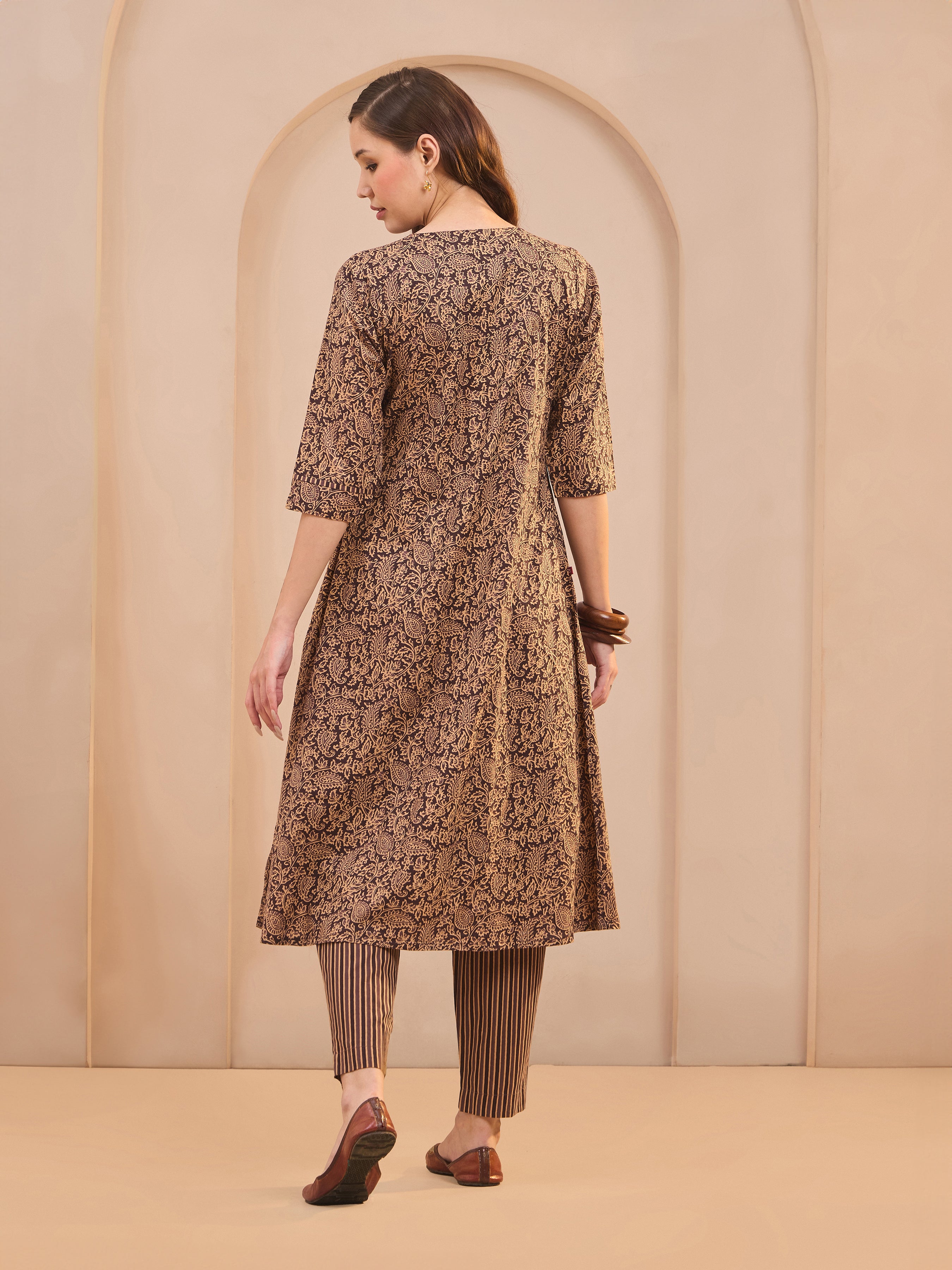 Brown Cotton Katha Printed Kurti & Bottom Set With Sequins Work