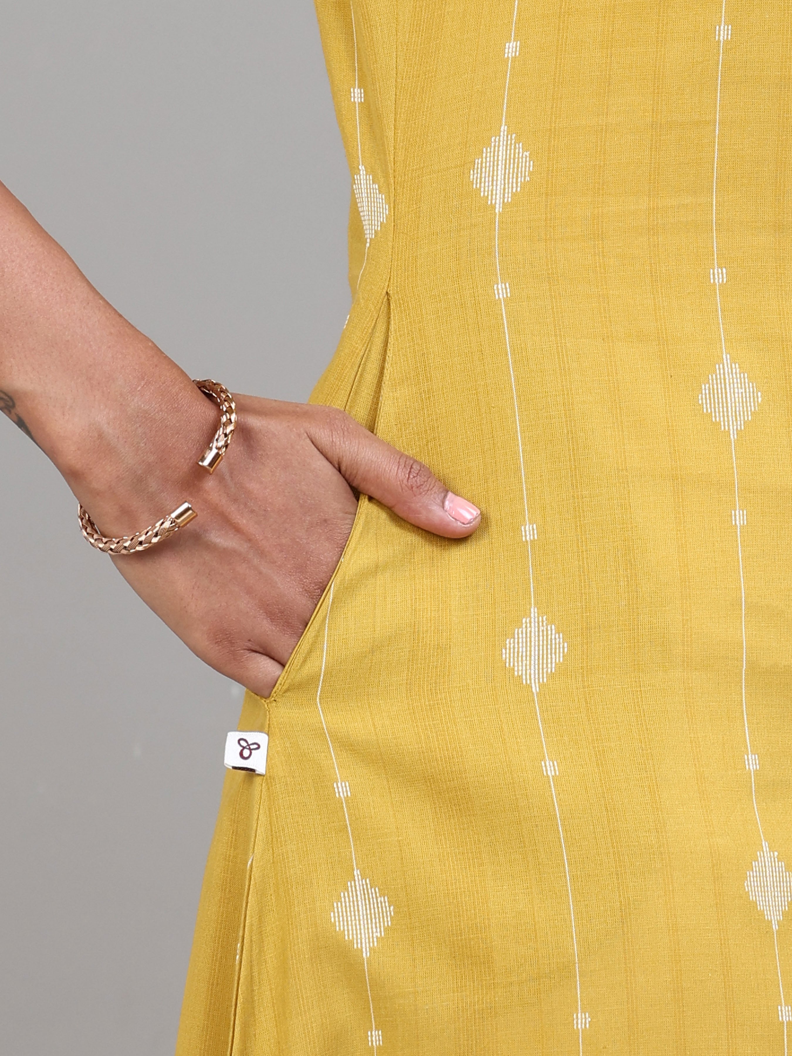 Pale Yellow Cotton Dobby Kurti With Embroidery