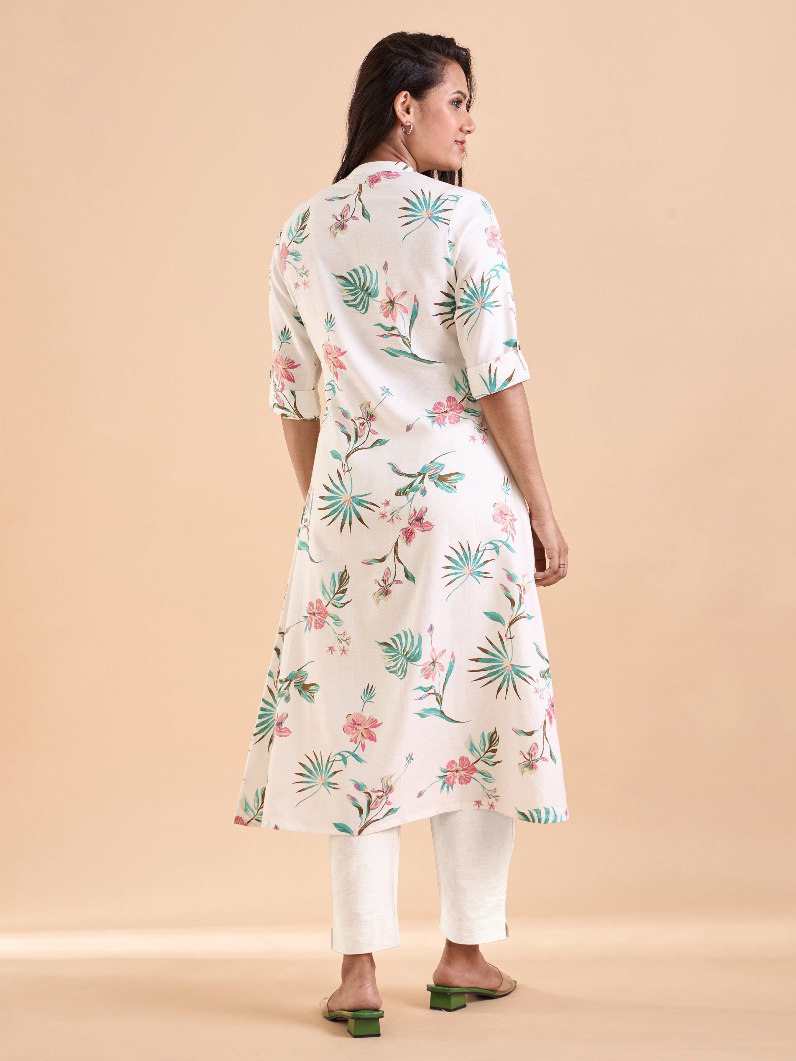 White Viscose Slub Floral Printed Kurti With Lace