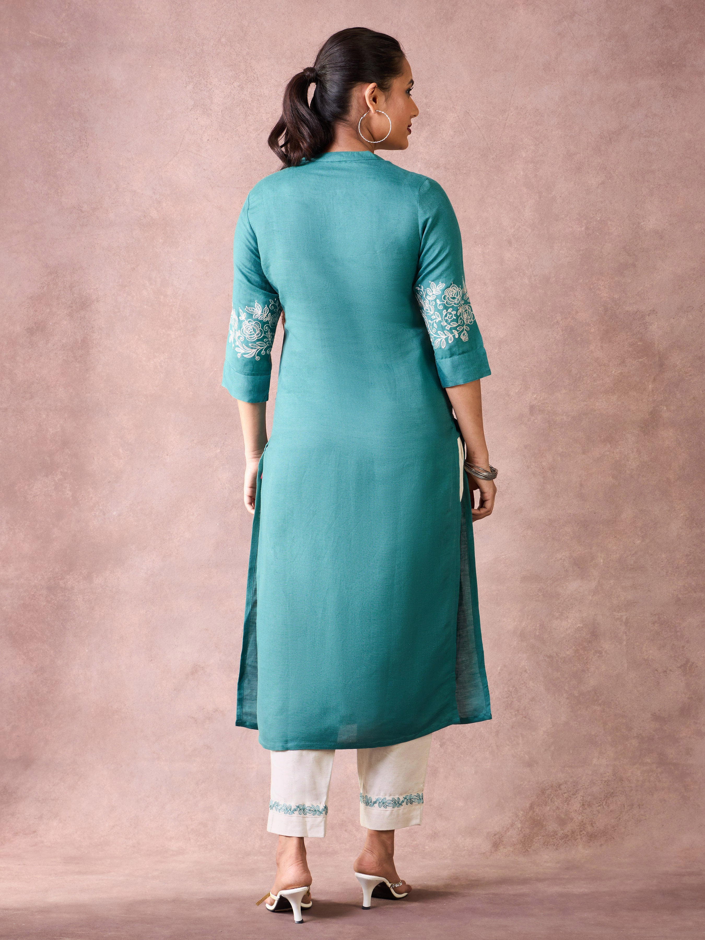 Teal Blue Viscose Linen Kurti & Bottom With Embroidery