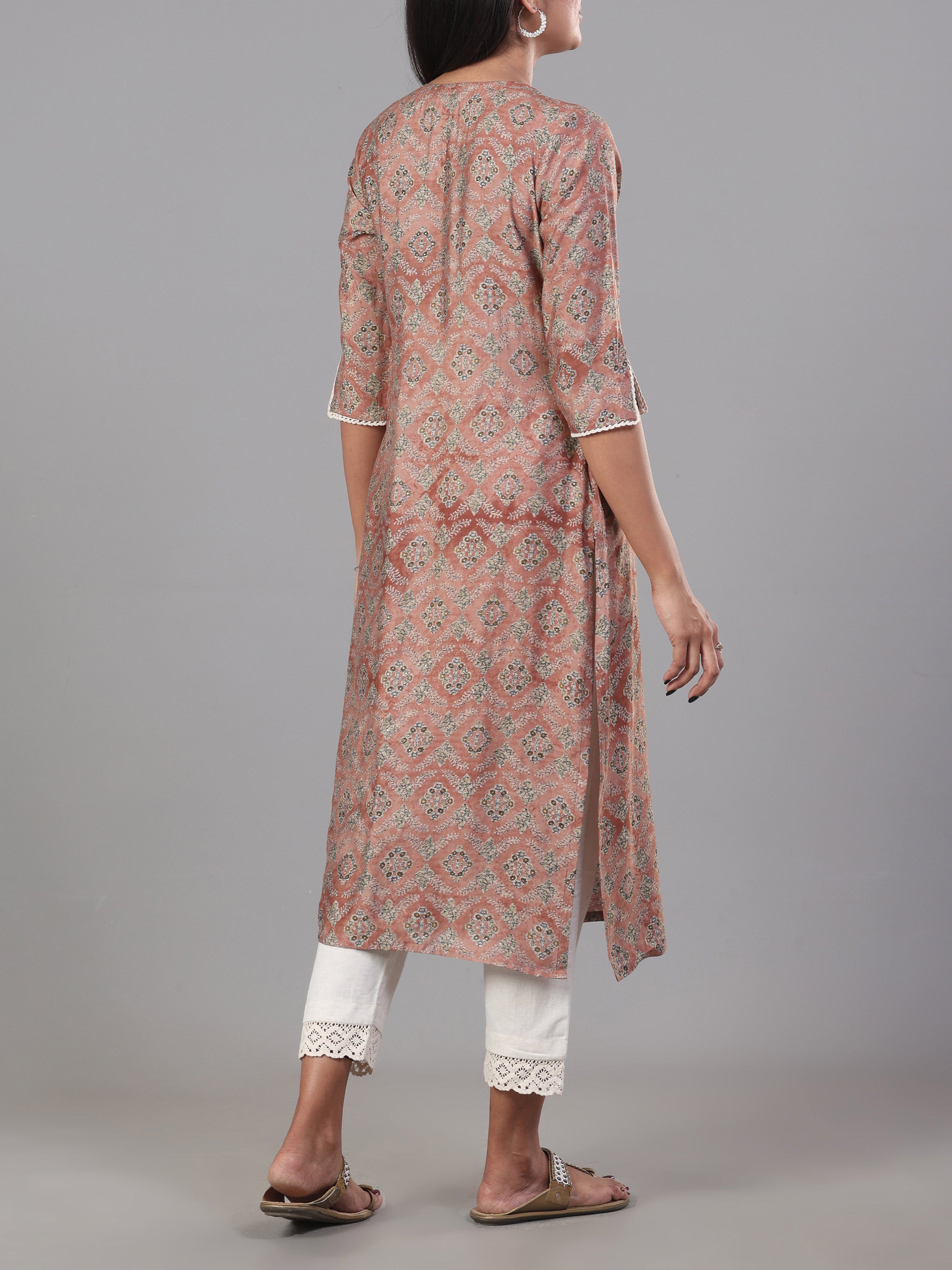 Peach Modal Chanderi Printed Kurti With Embroidery