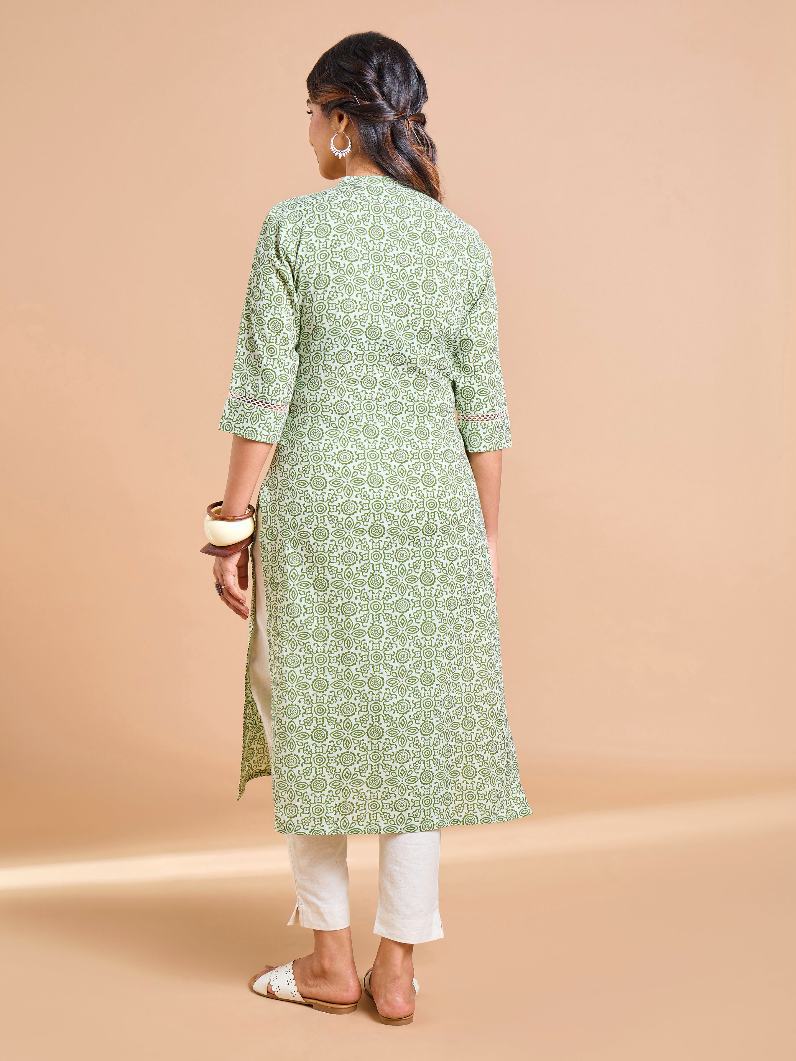 Green Cotton Flax Printed Kurti With Lace