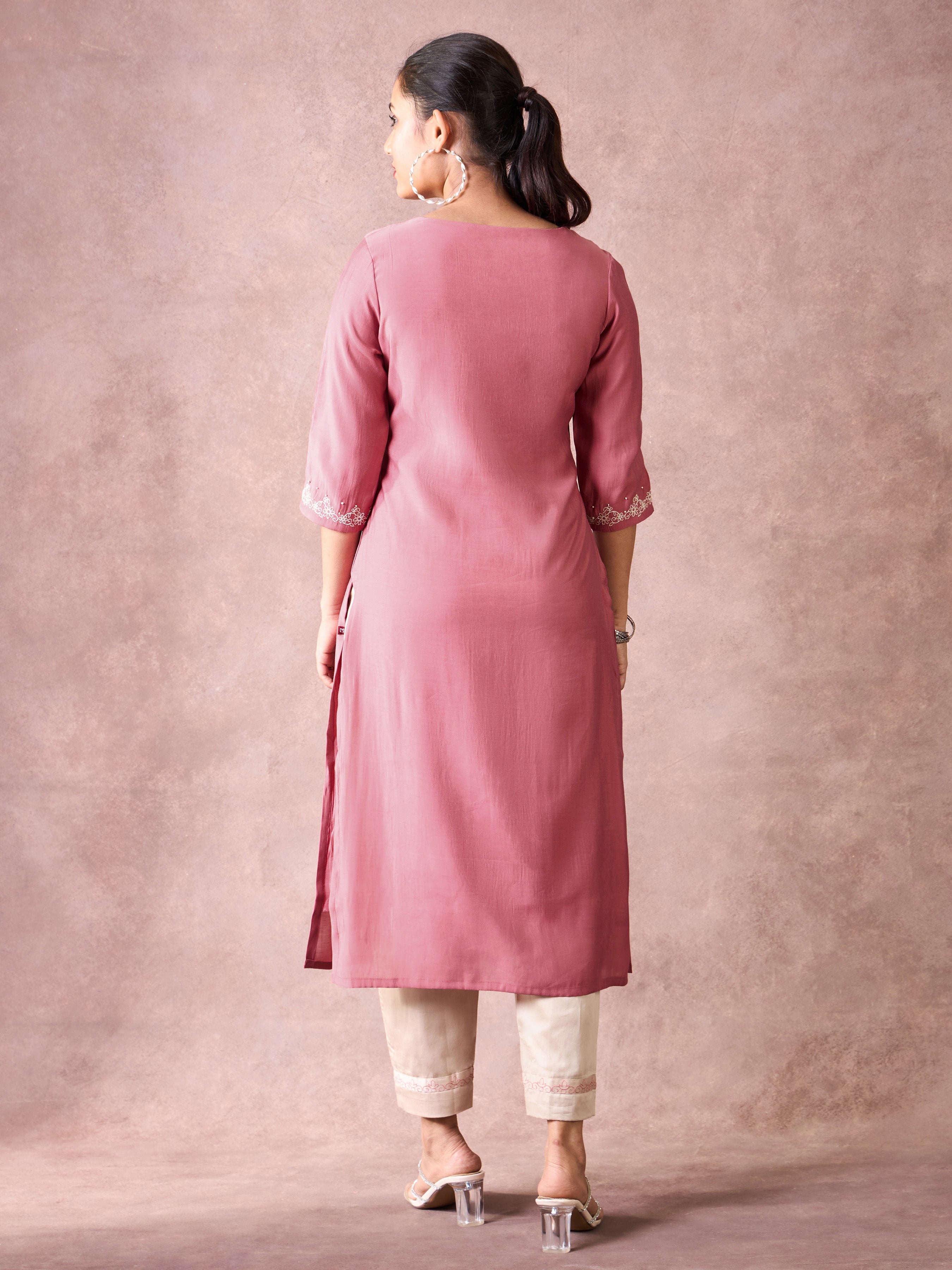 Onion Pink Viscose Blend Kurti & Bottom With Sequins Embroidery