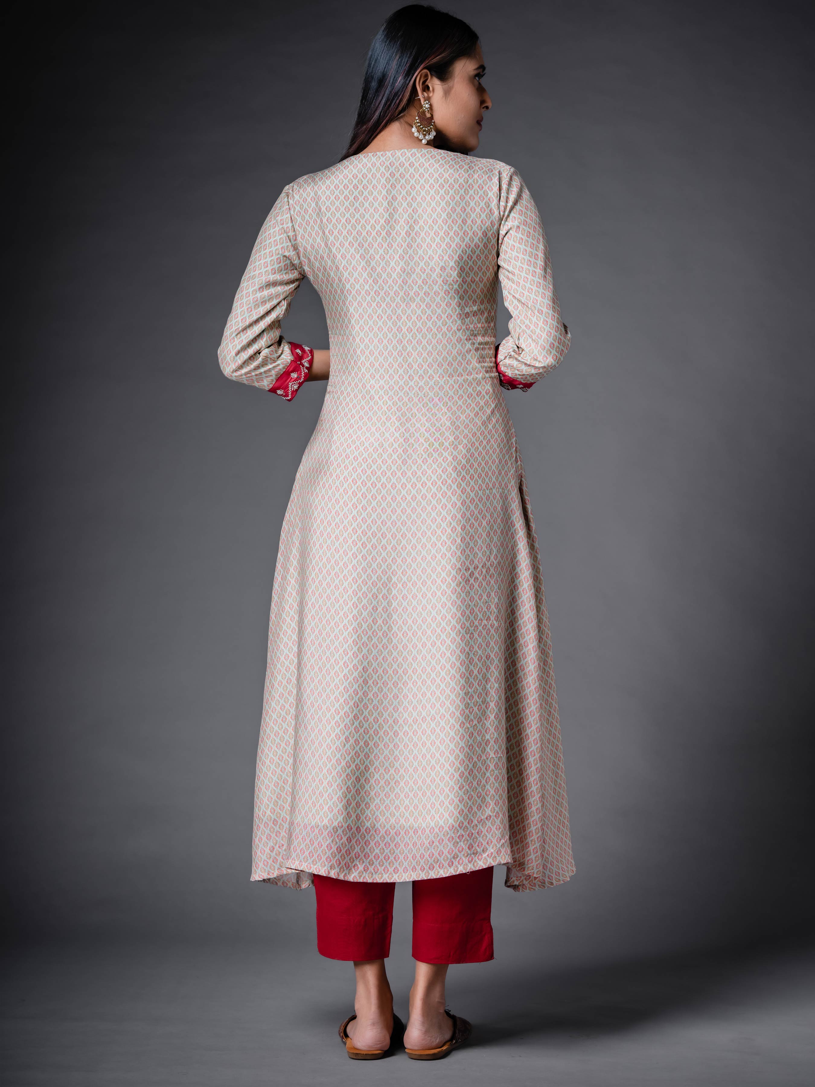 Beige Muslin Silk Kurti With Print And Hand Work