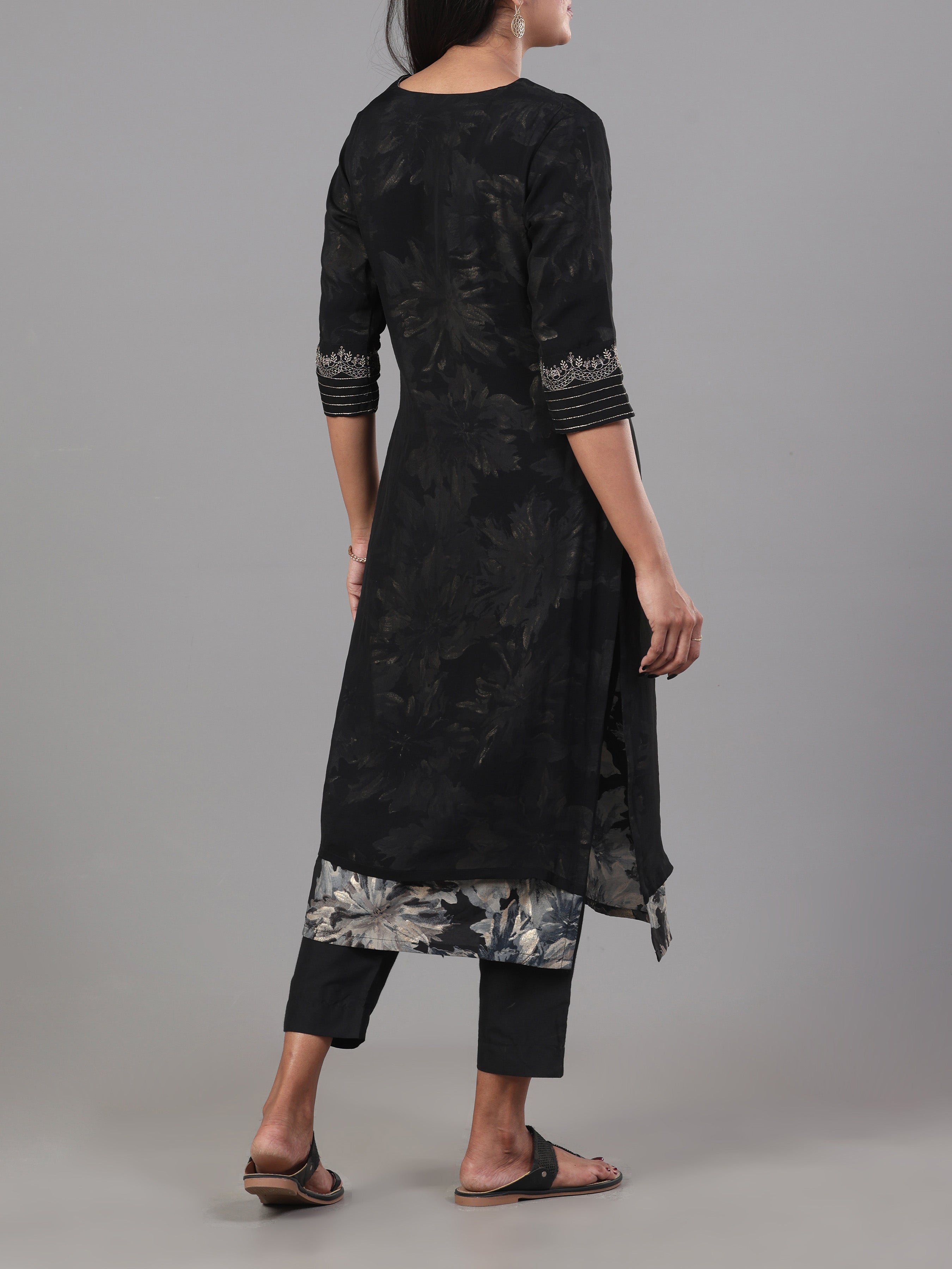 Black Modal Chanderi Printed Kurti With Embroidery