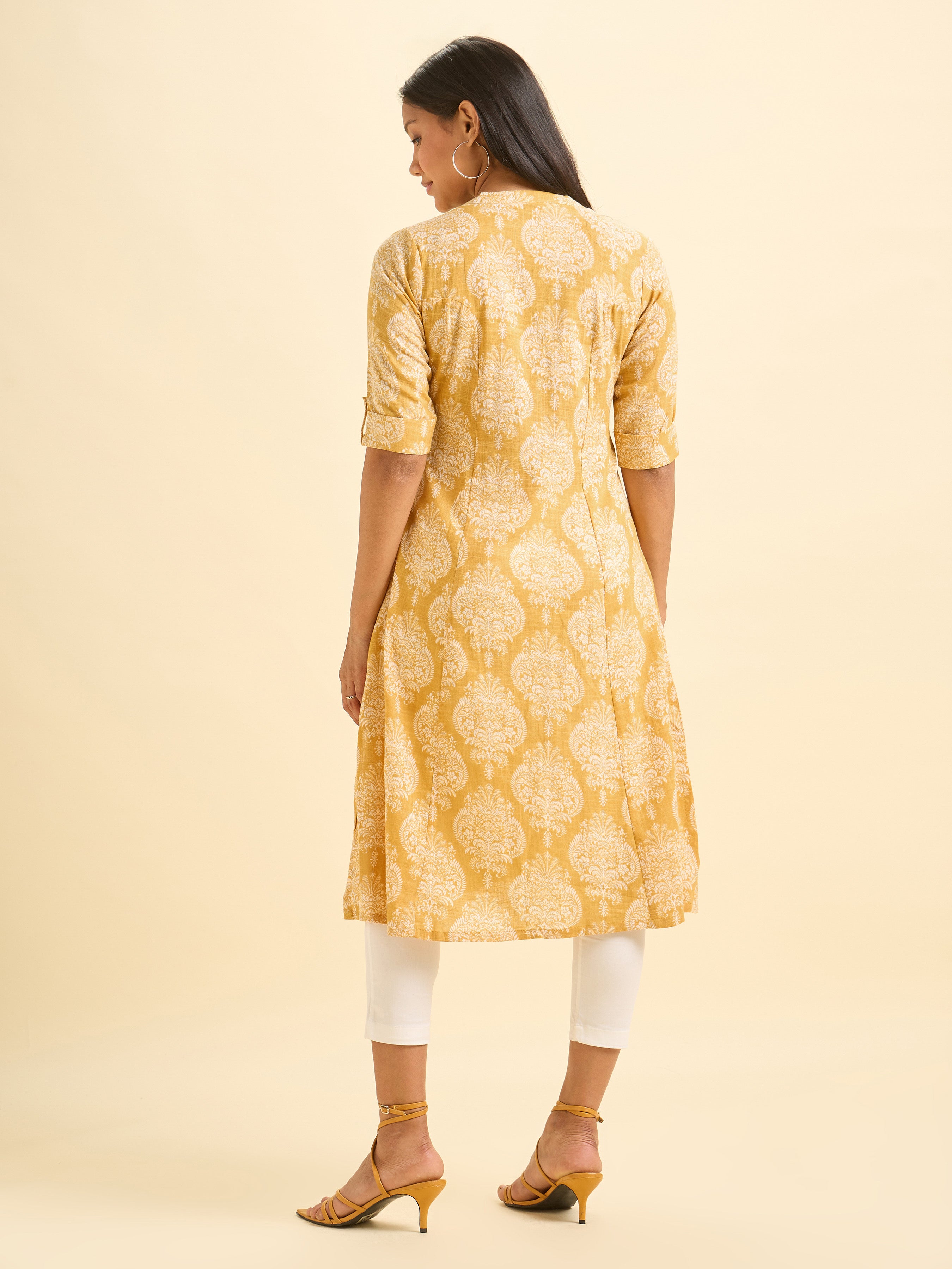 Mustard And White Cotton Slub Printed Flared Kurti With Princess Cut