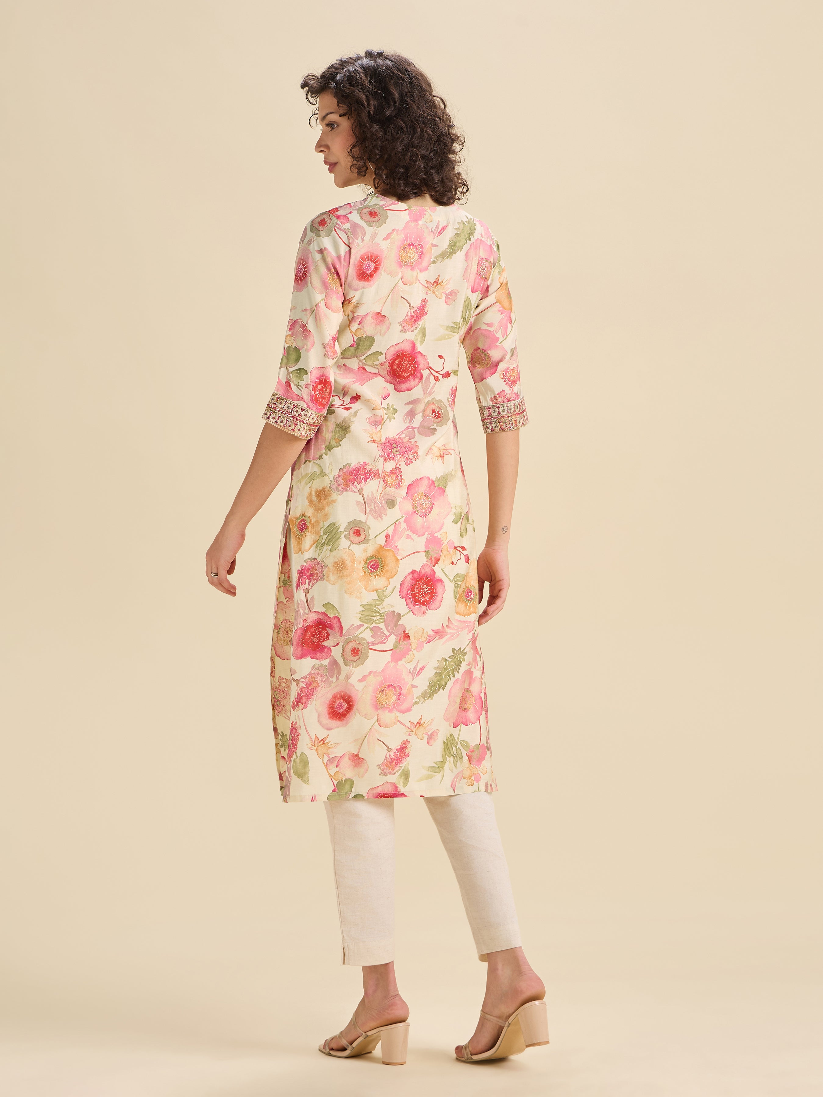 Ivory Modal Chanderi Printed Slited Kurti With Sequins Embroidery