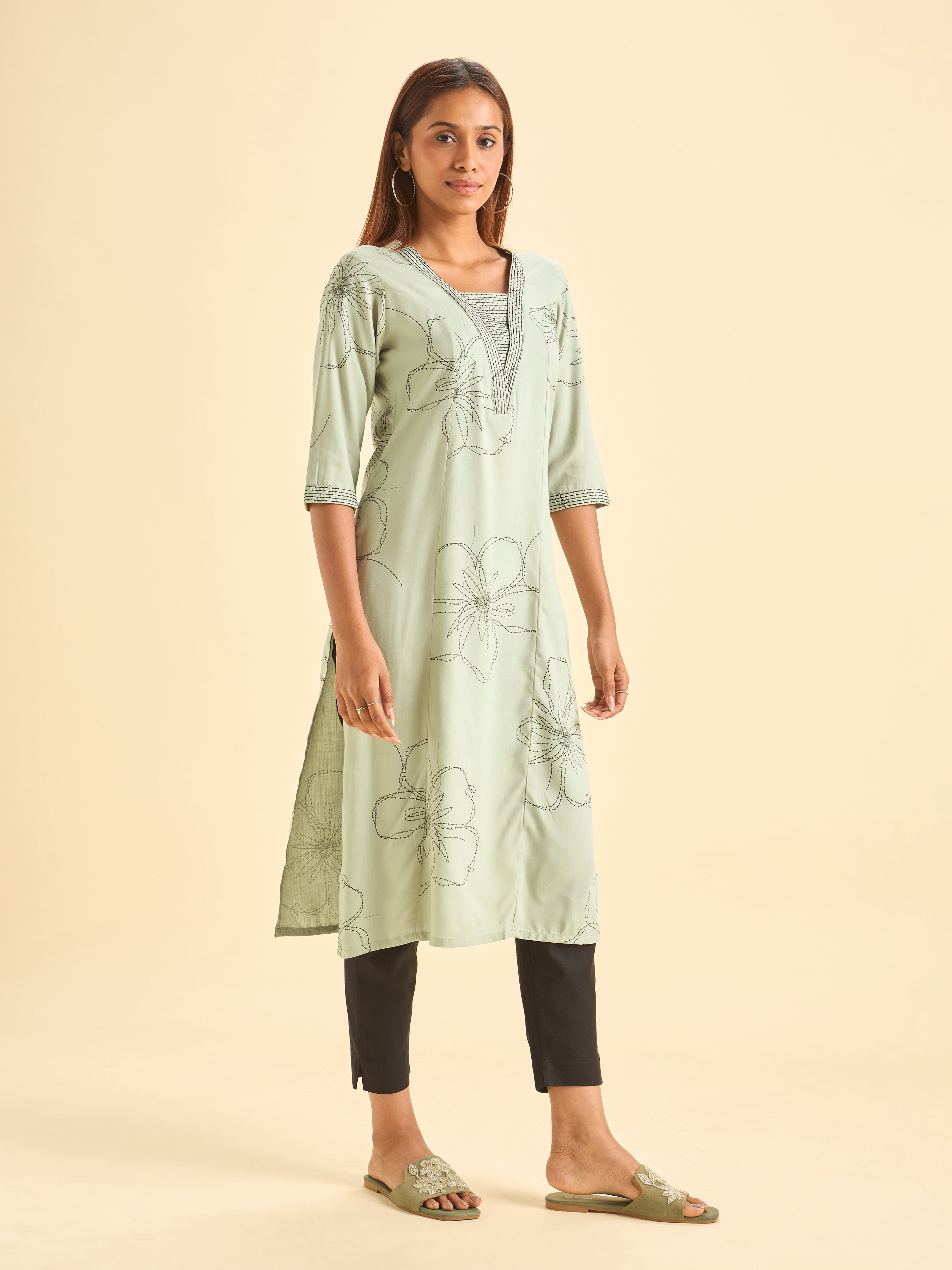 Pastel Green and Black Viscose Printed Flared Kurti With Embroidery