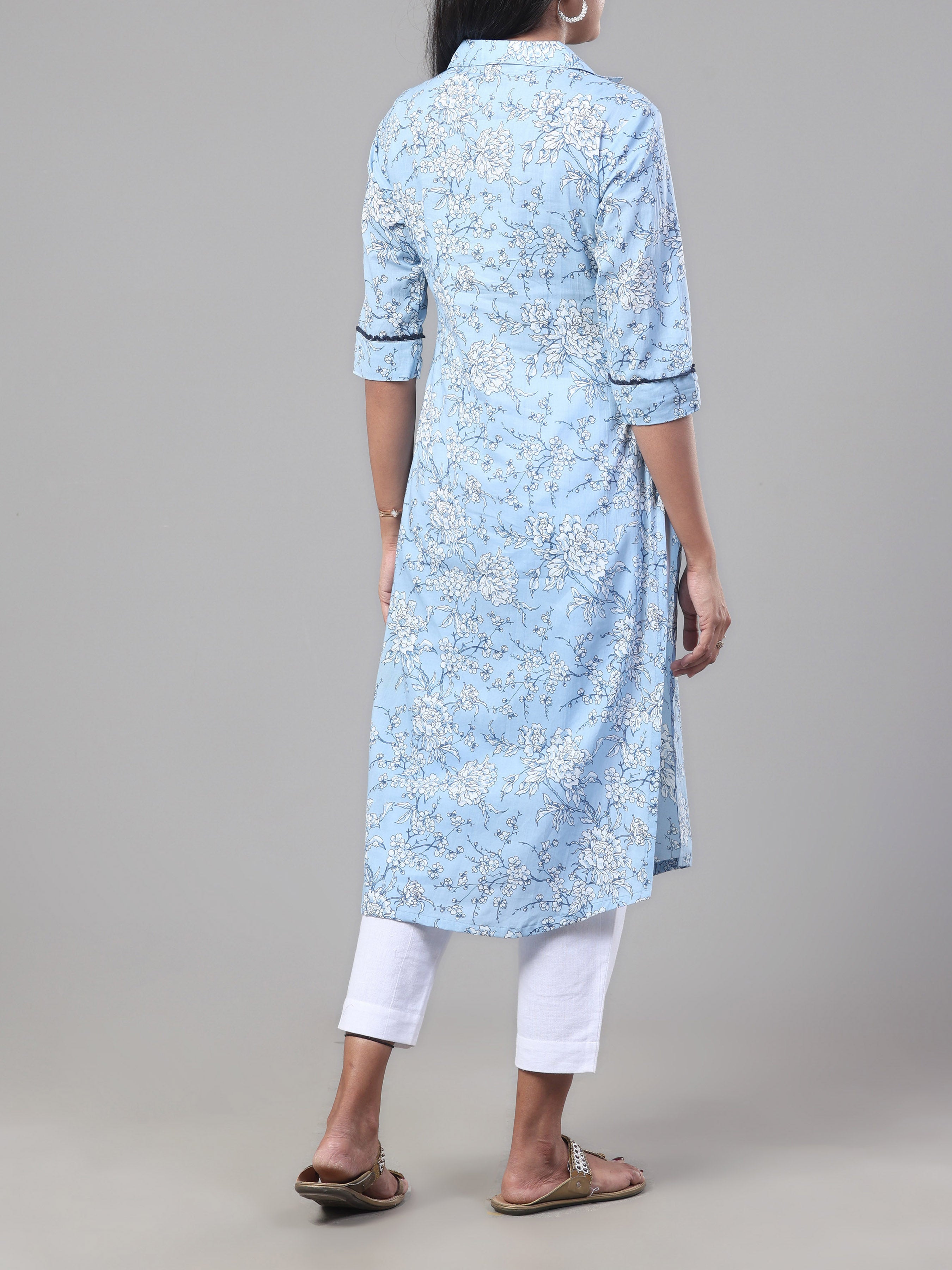 Sky Blue Pure Cotton Printed Kurti With Lace Detailing