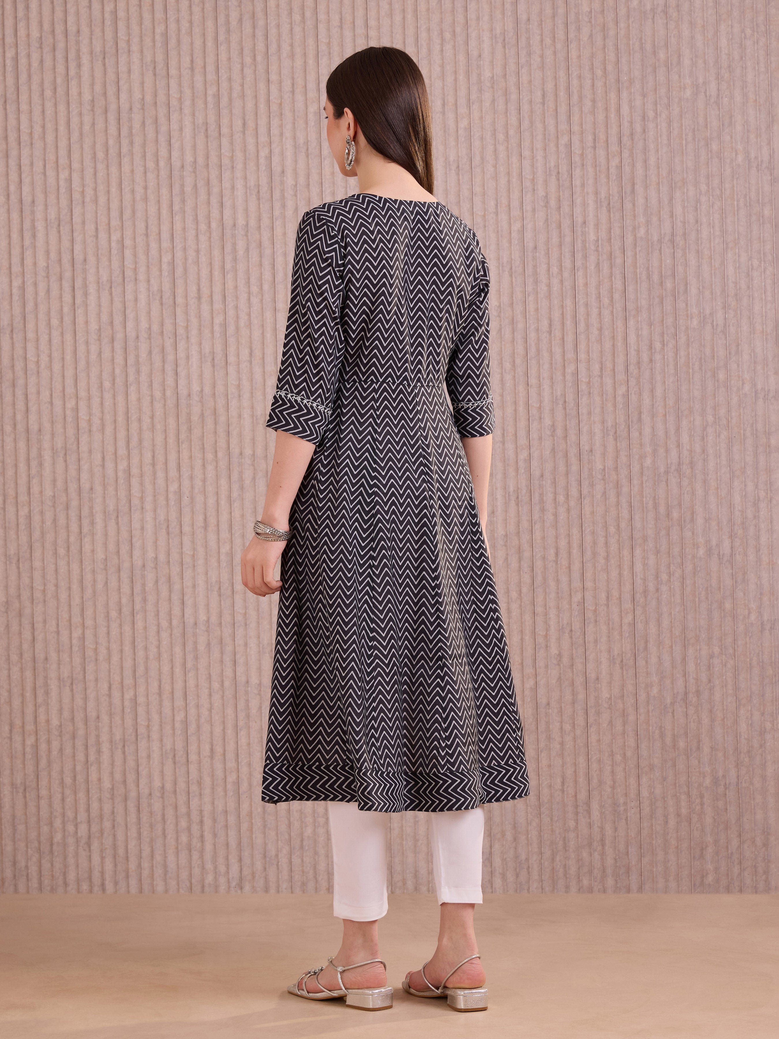 Black Modal Chanderi Printed Kali Cut Kurti With Sequins Embroidery Work