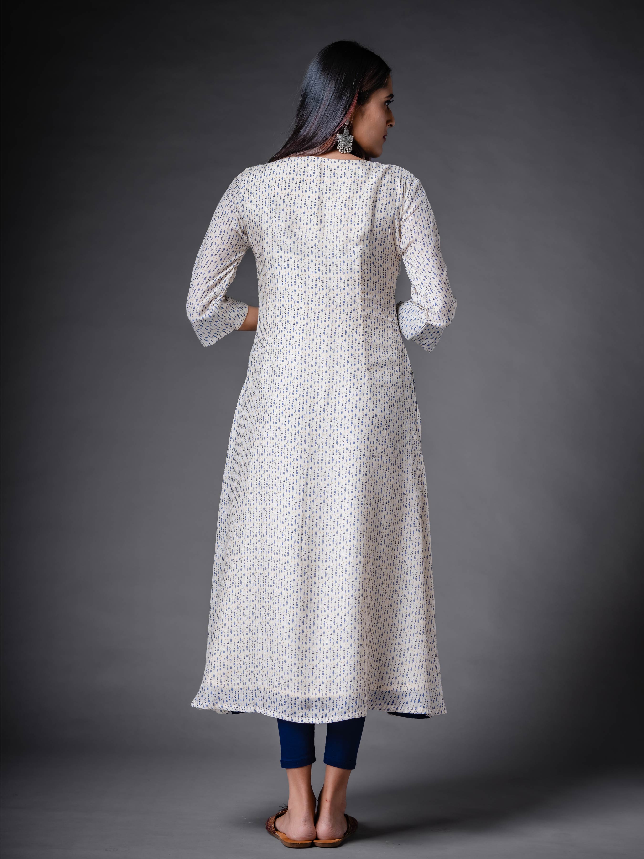 Multi-Colour Muslin Silk Printed Kurti With Handwork And Overcoat