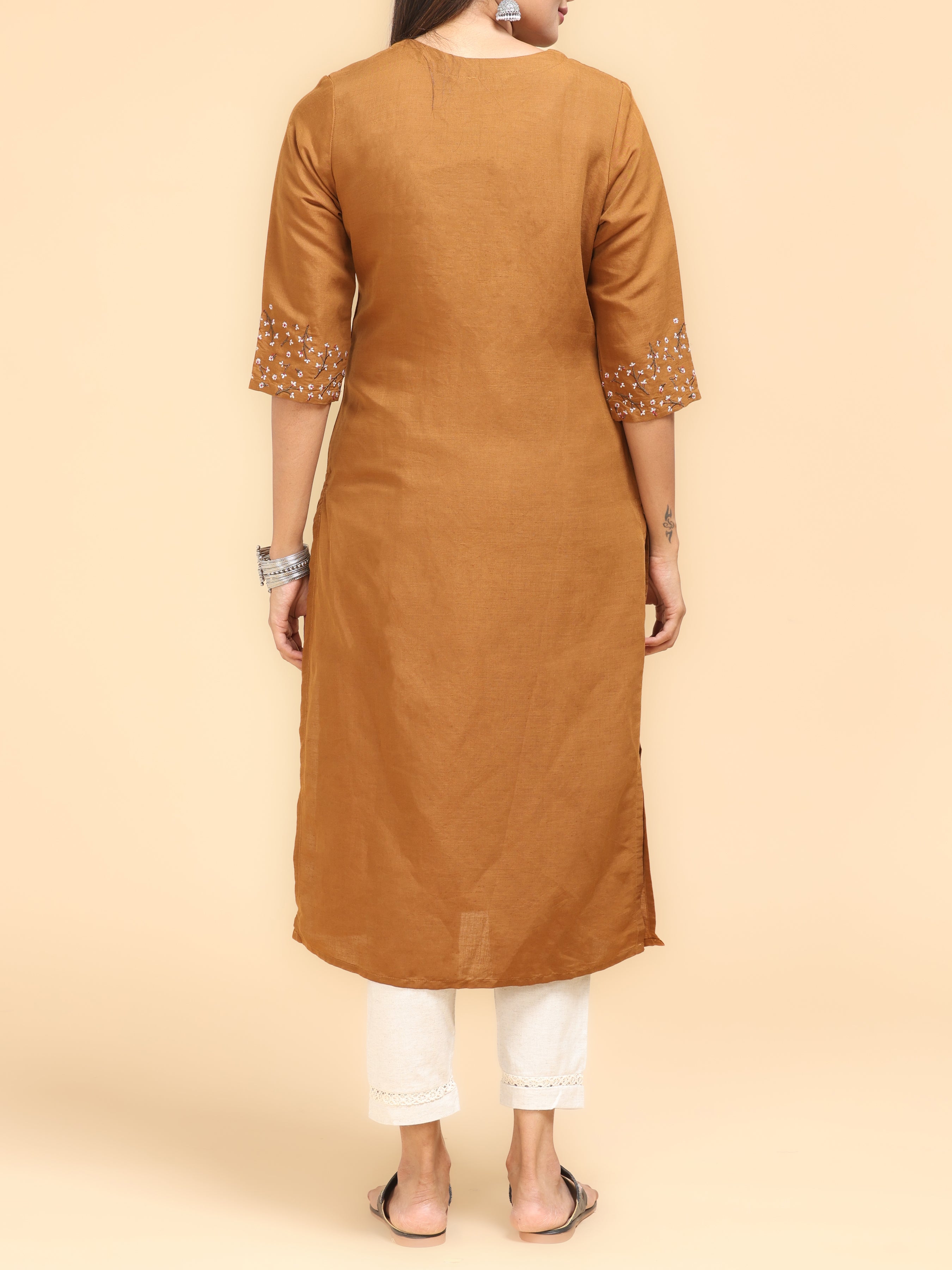 Orange Cotton Linen Kurti With Embroidery