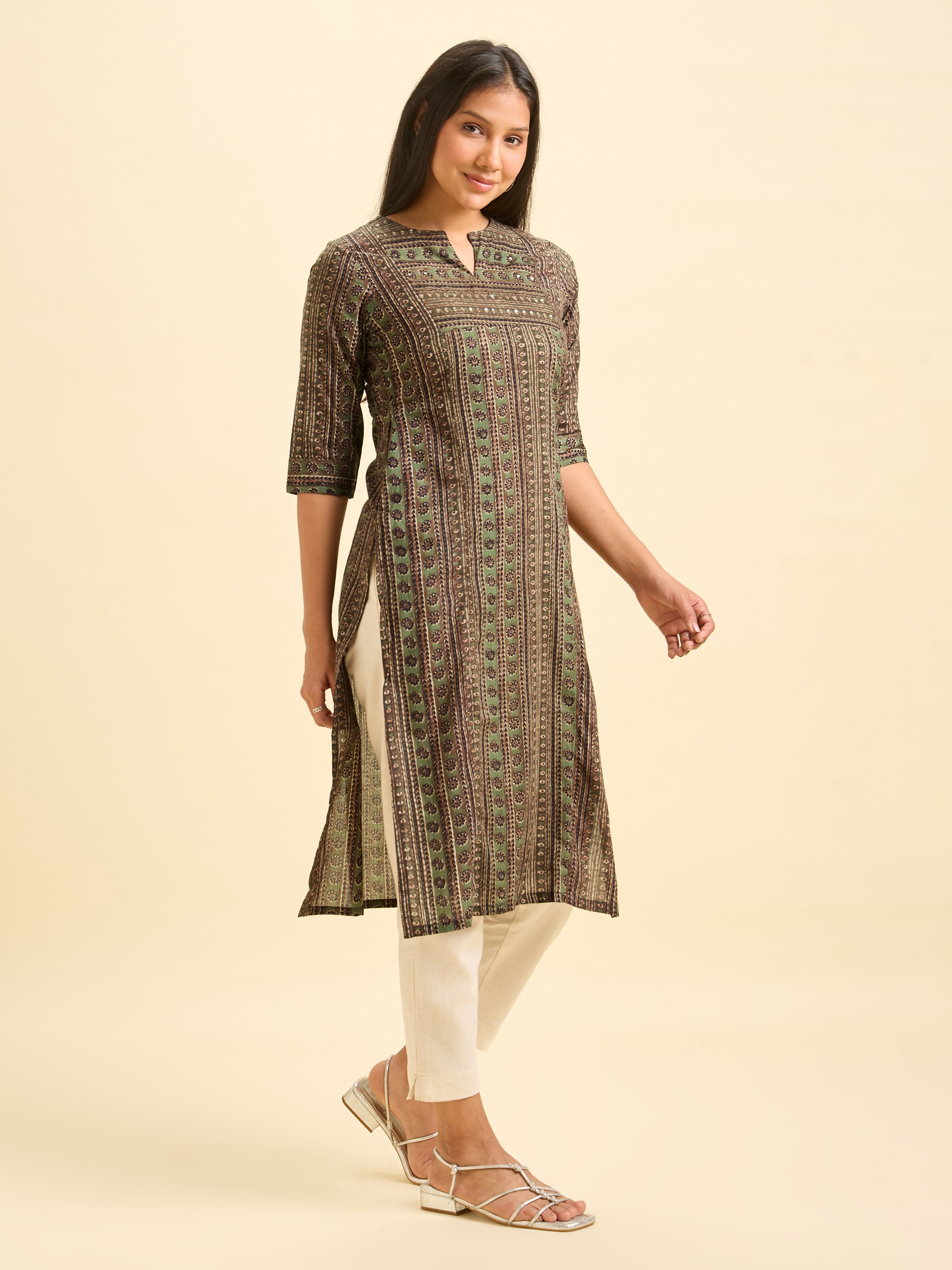 Olive Green Pure Cotton Printed Slit Kurti With Sequins Work