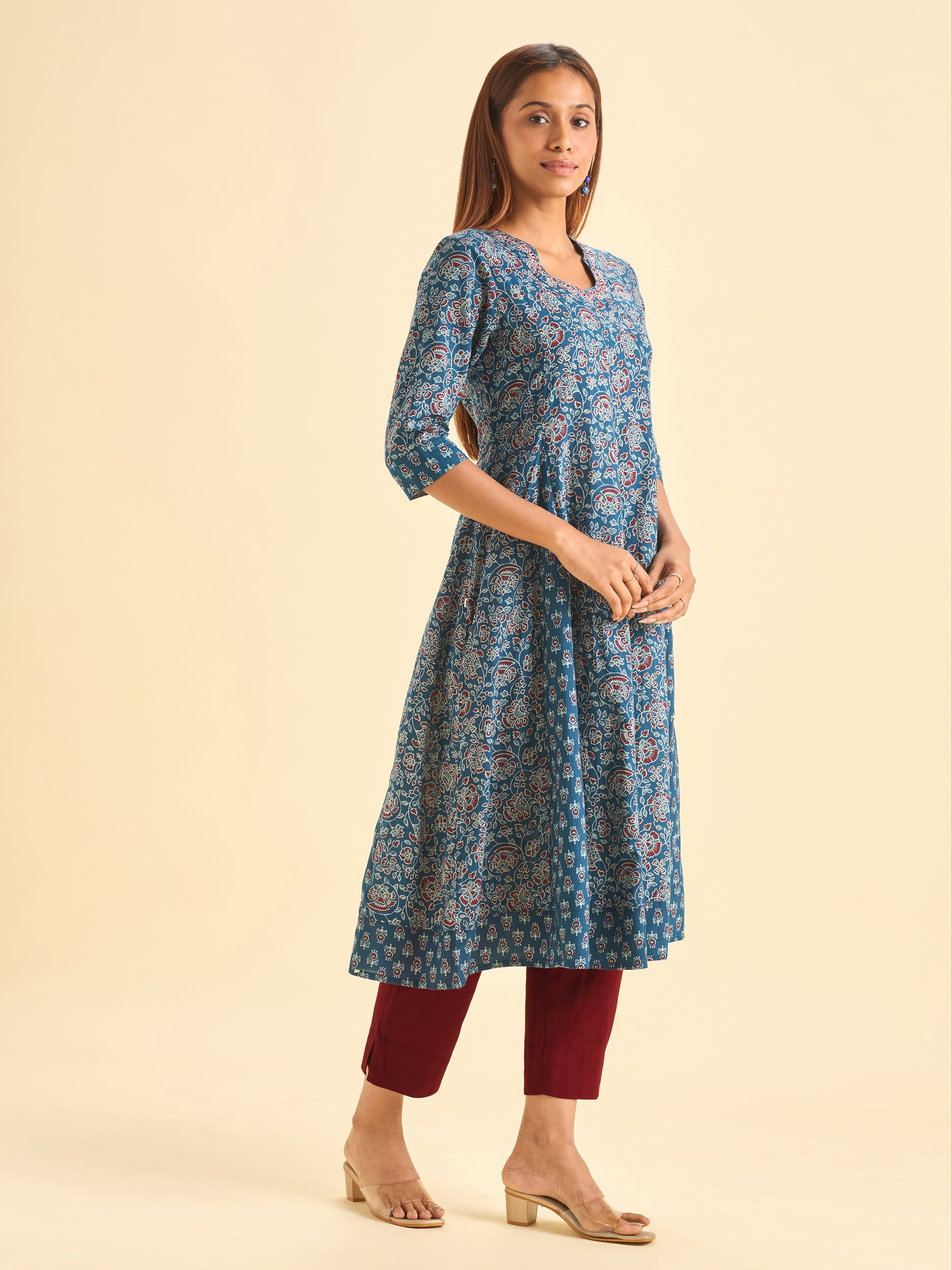 Blue Pure Cotton Printed Flared Kalicut Kurti With Embroidery And Sequins