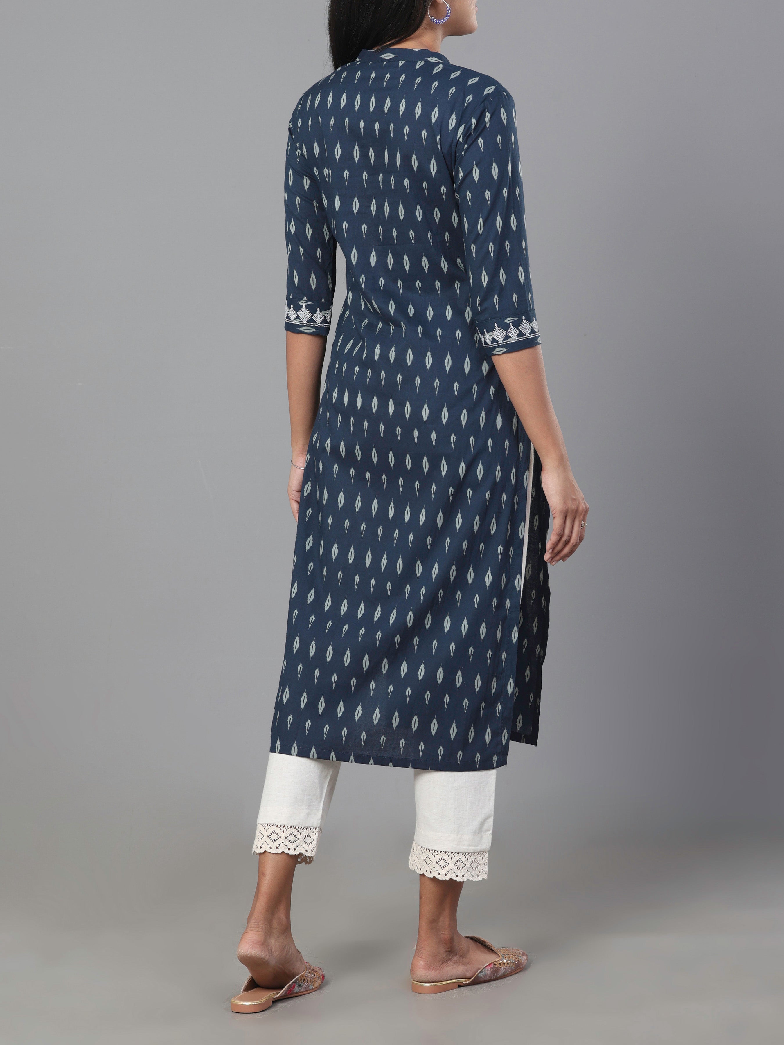 Navy Blue Pure Cotton Printed Kurti With Embroidery