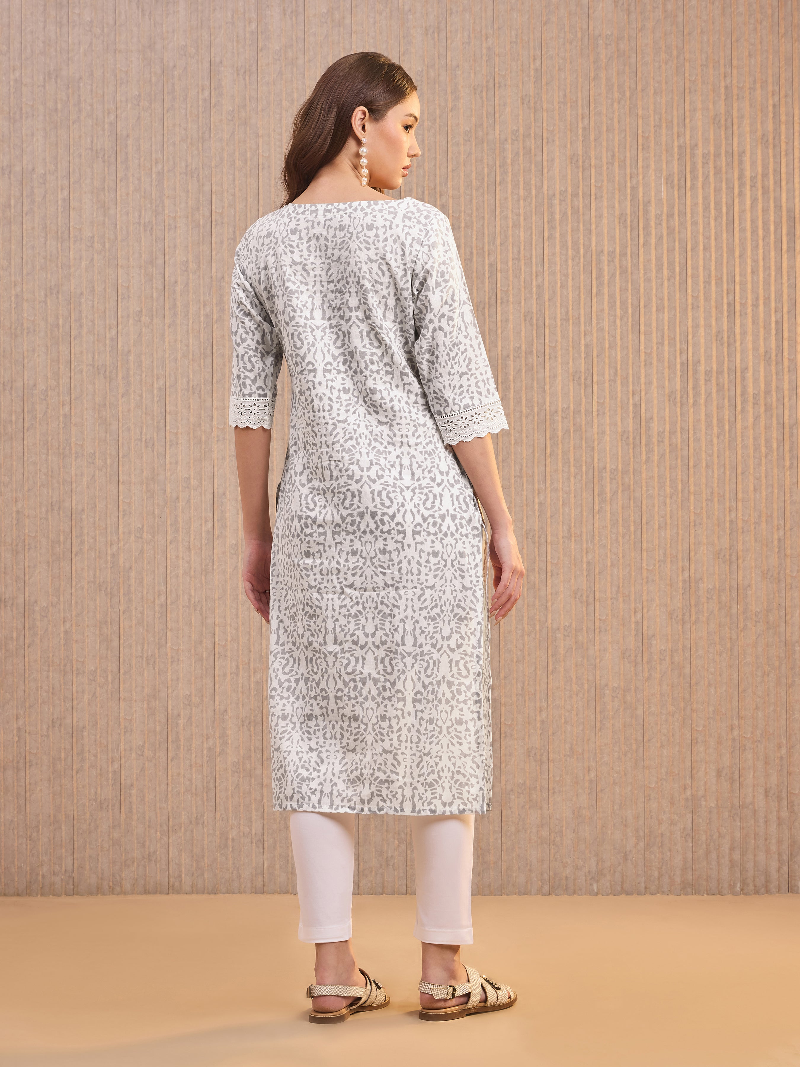 White Cotton Flax Printed Kurti With Lace Detailing