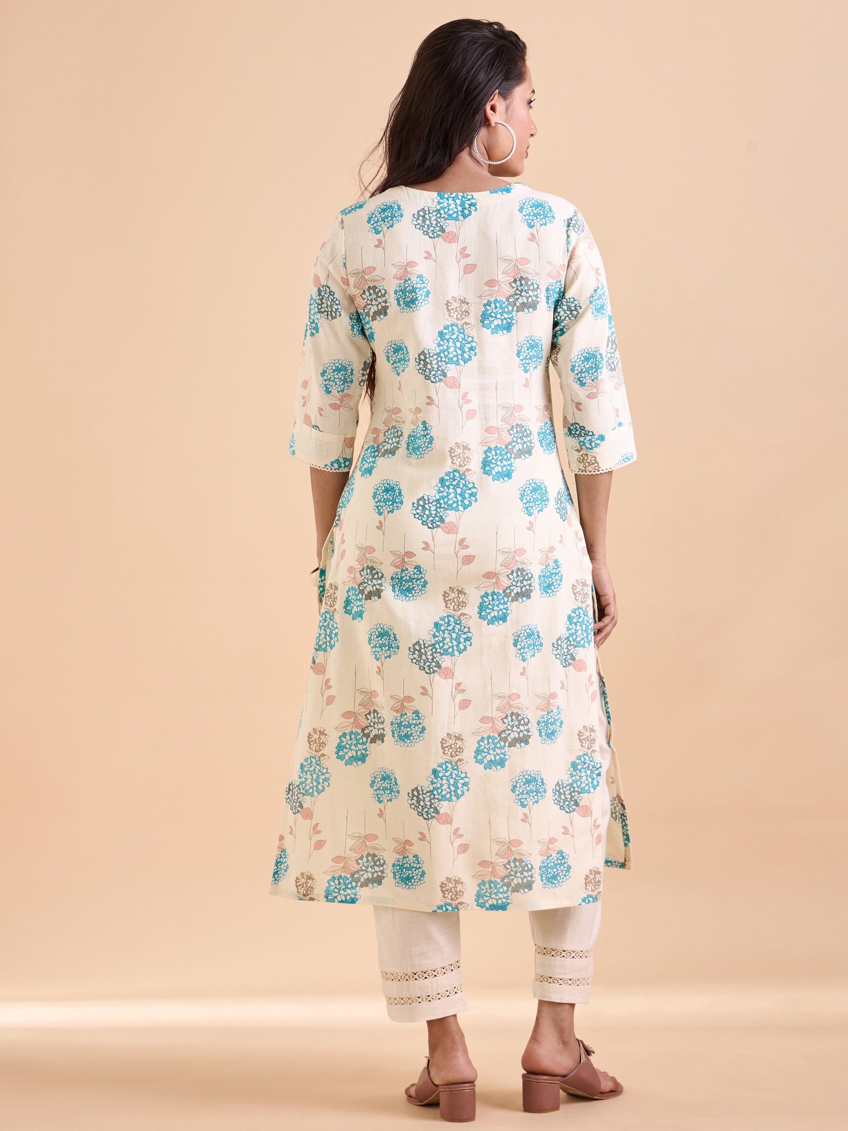 Ivory And Blue Cotton Flax Printed Kurti With Lace Detailing
