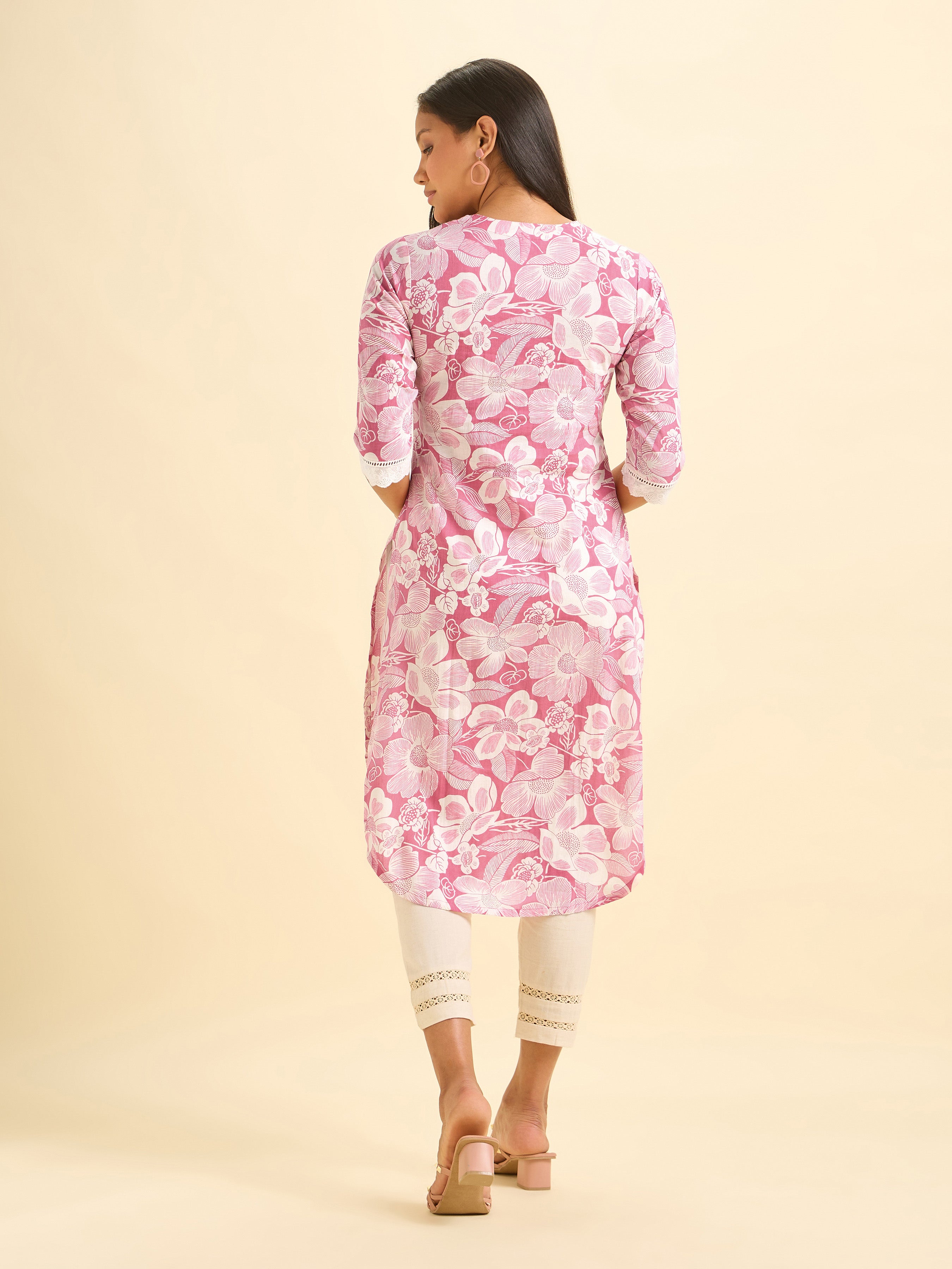 Pink Cotton Printed Kurti With Lace And Running Stitch Embroidery