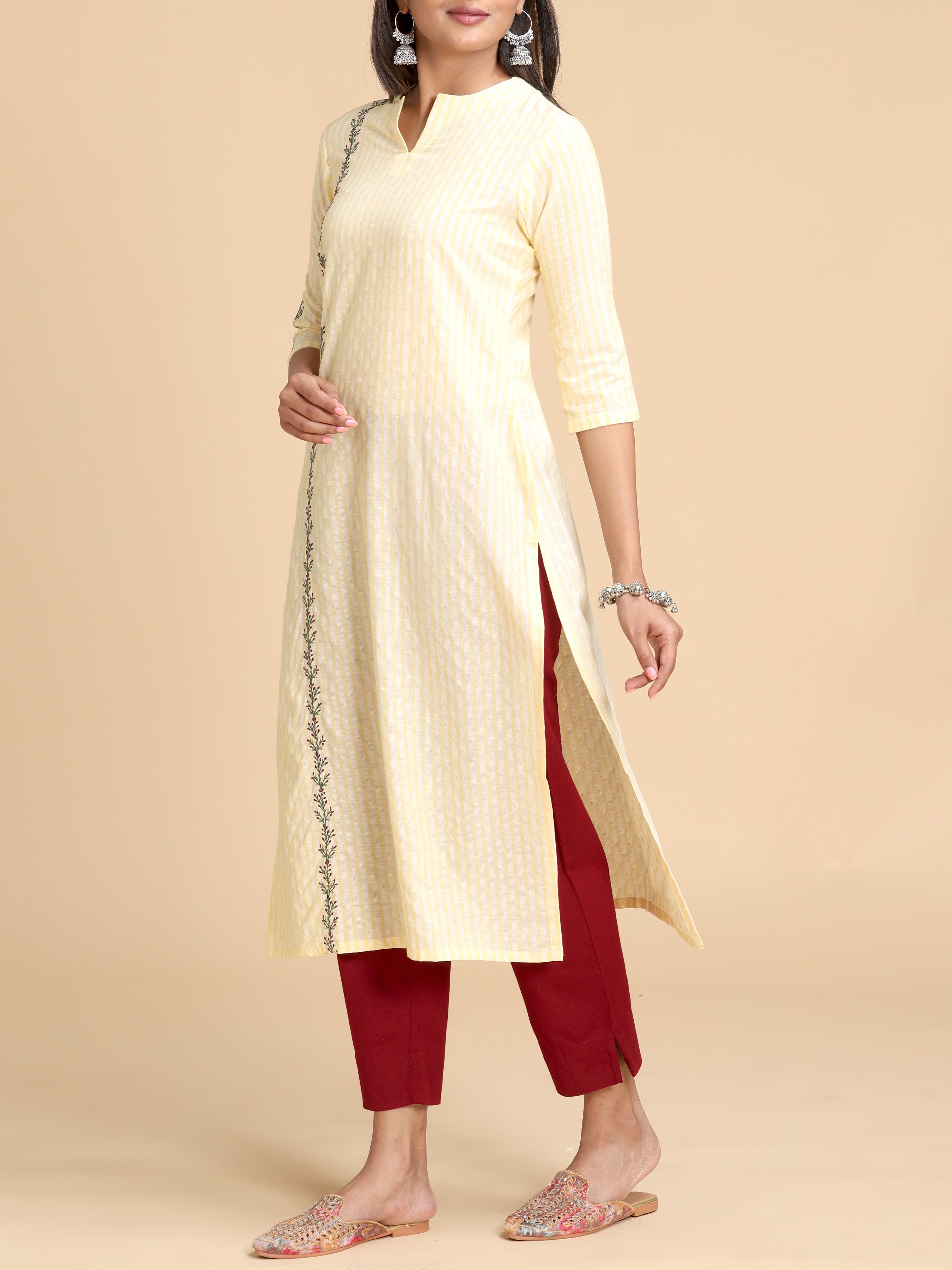Pale Yellow Cotton Dobby Kurti With Embroidery