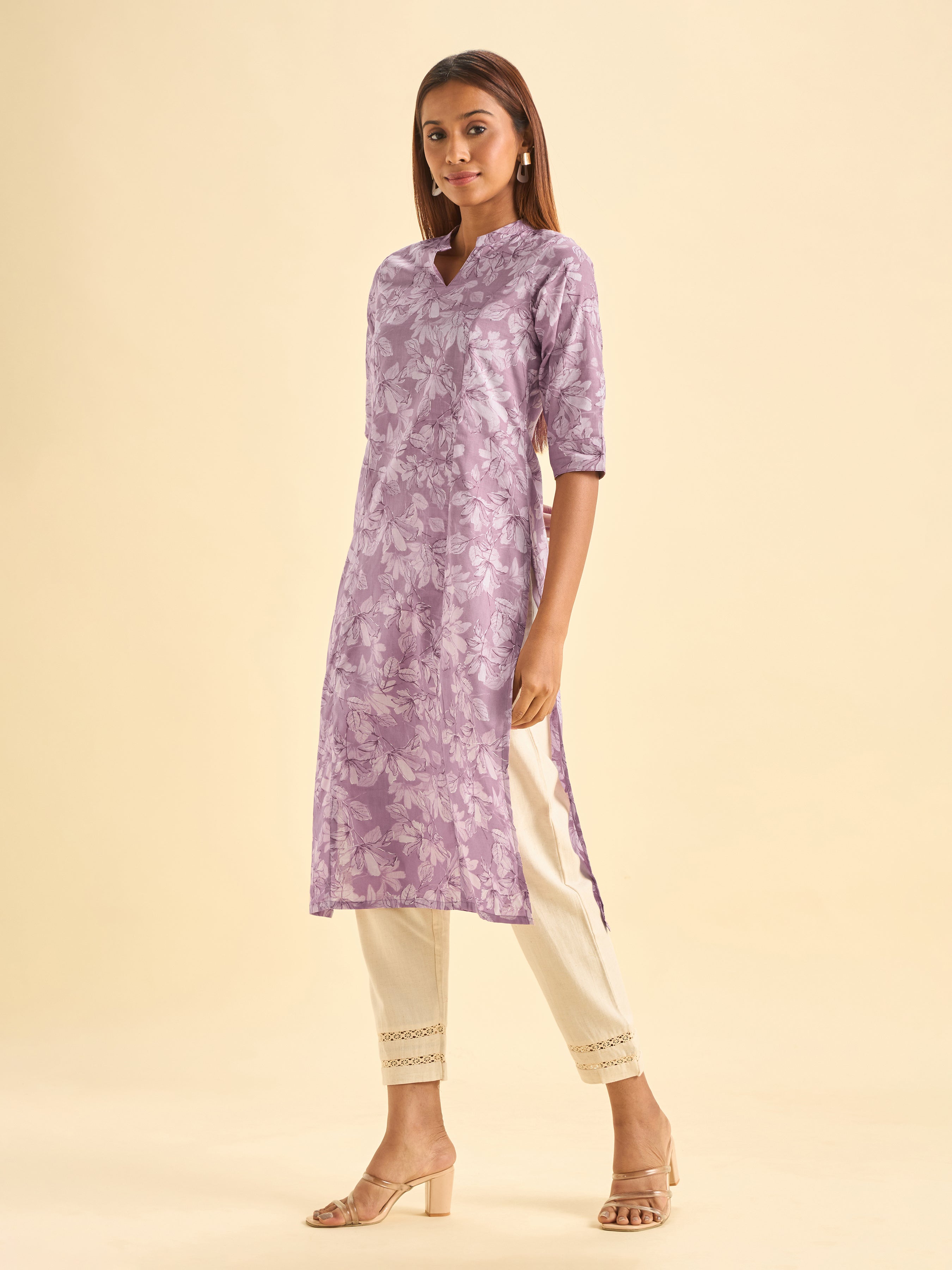Lilac White Pure Cotton Printed Kurti