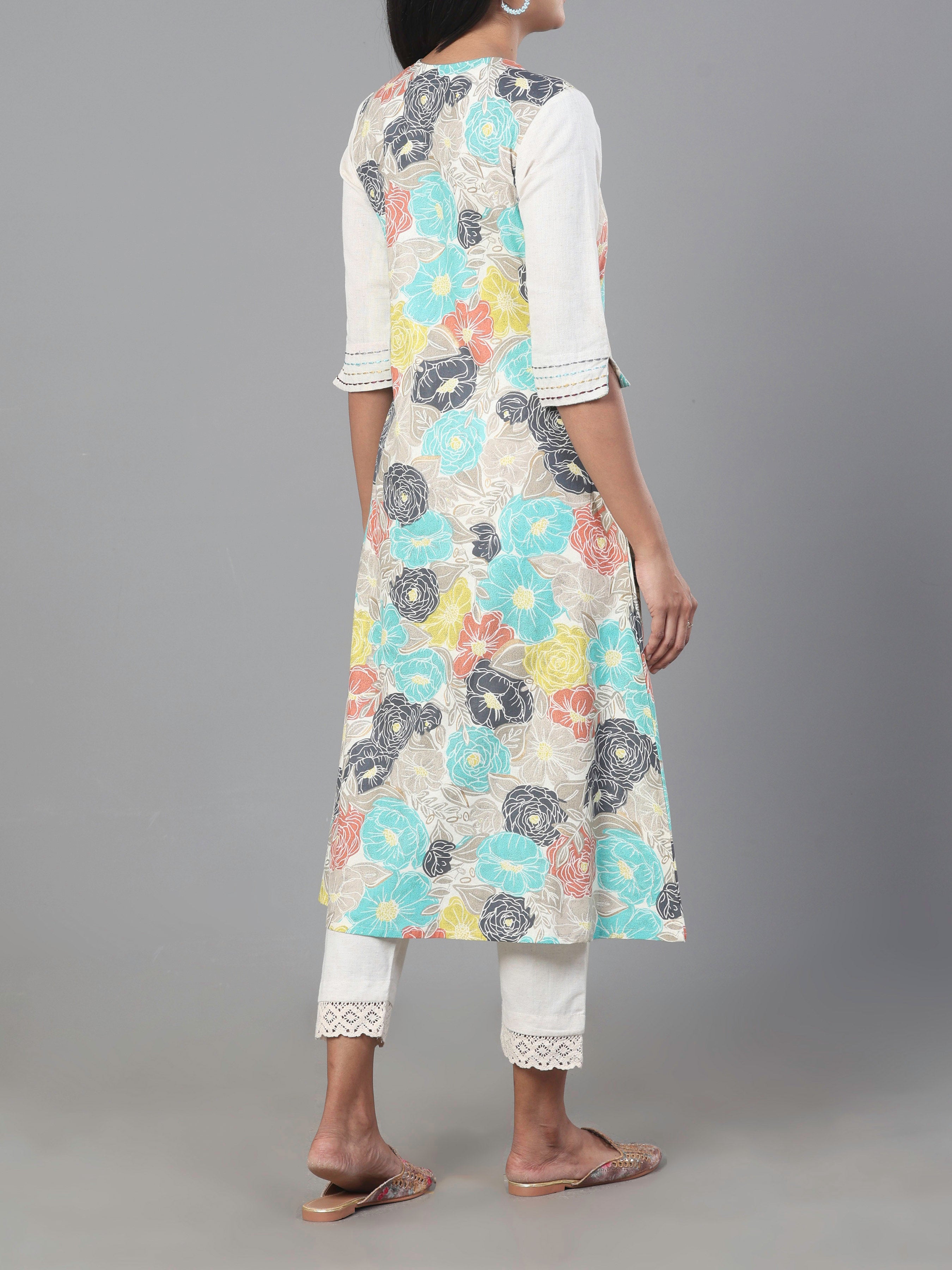 Multi Color Cotton Flax Printed Kurti With Embroidery