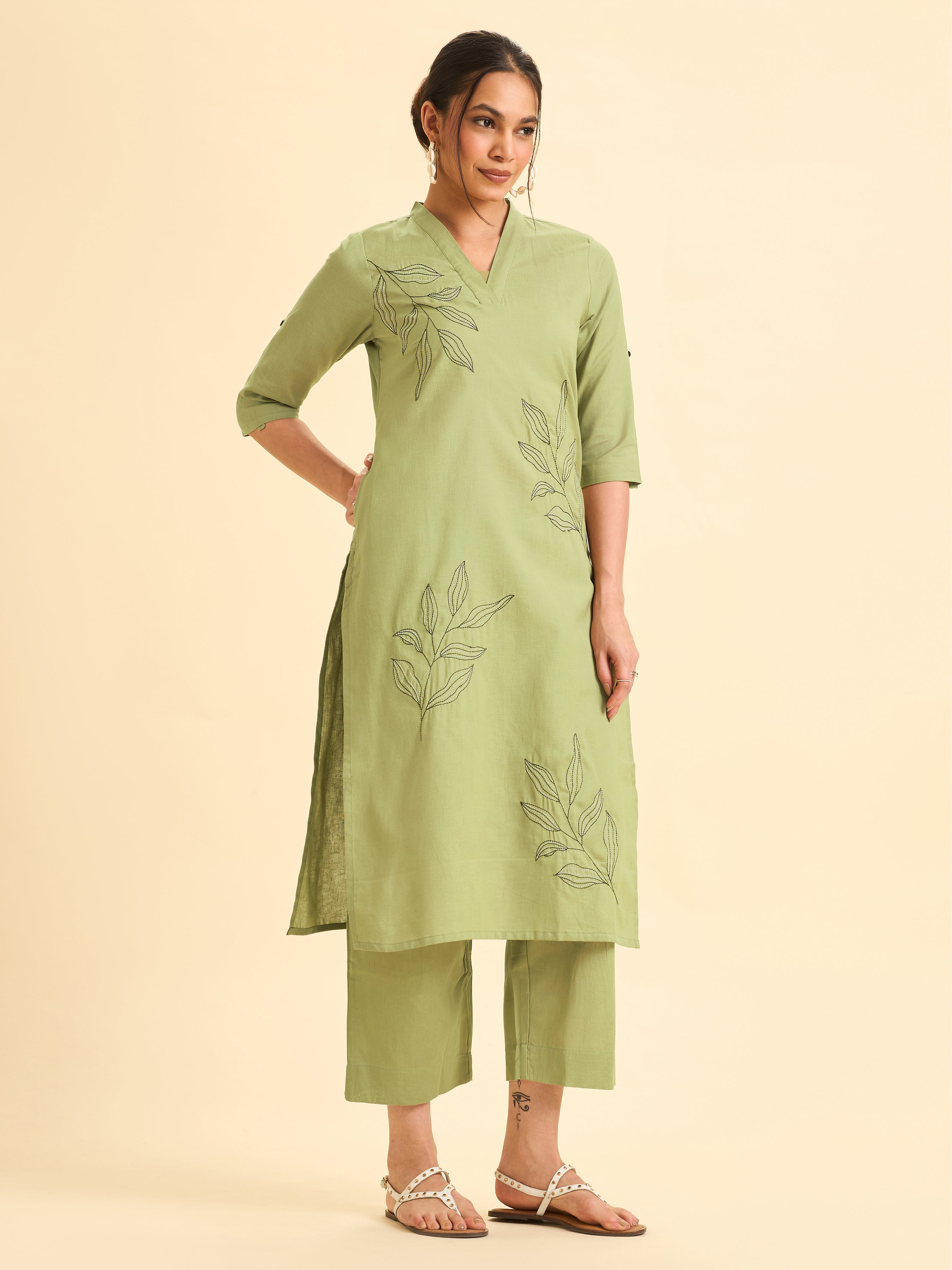 Olive Green Cotton Flax Kurti Set With Embroidery