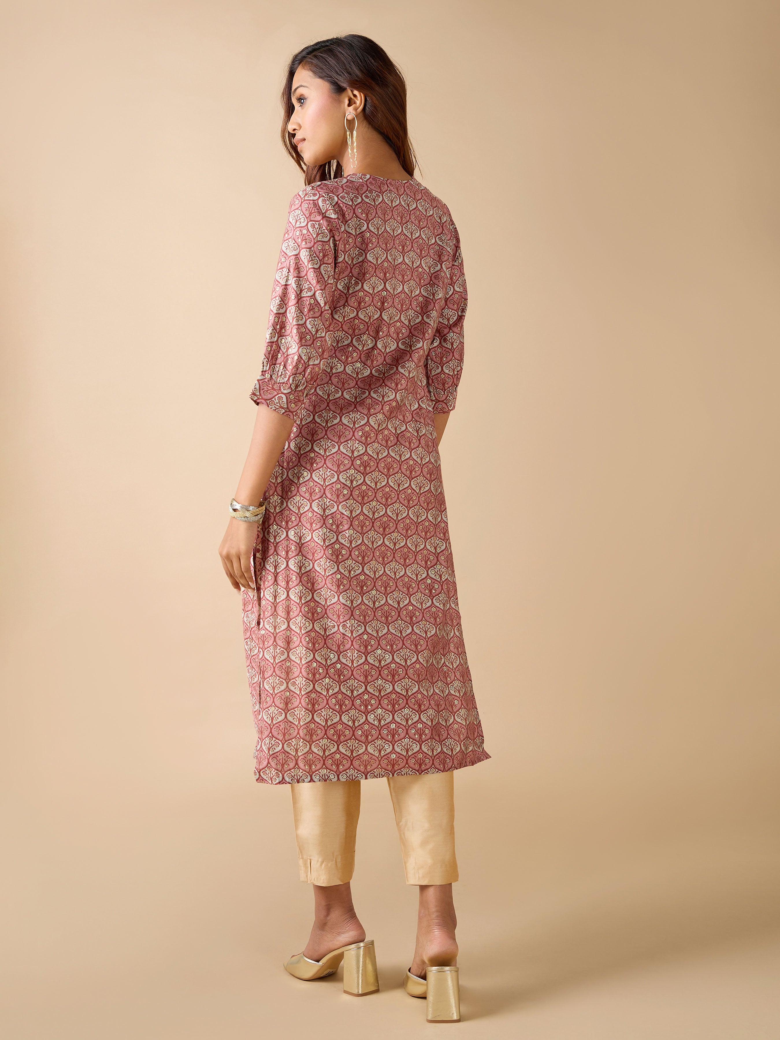 Maroon Modal Chanderi Foil Printed Kurti With Sequins Work