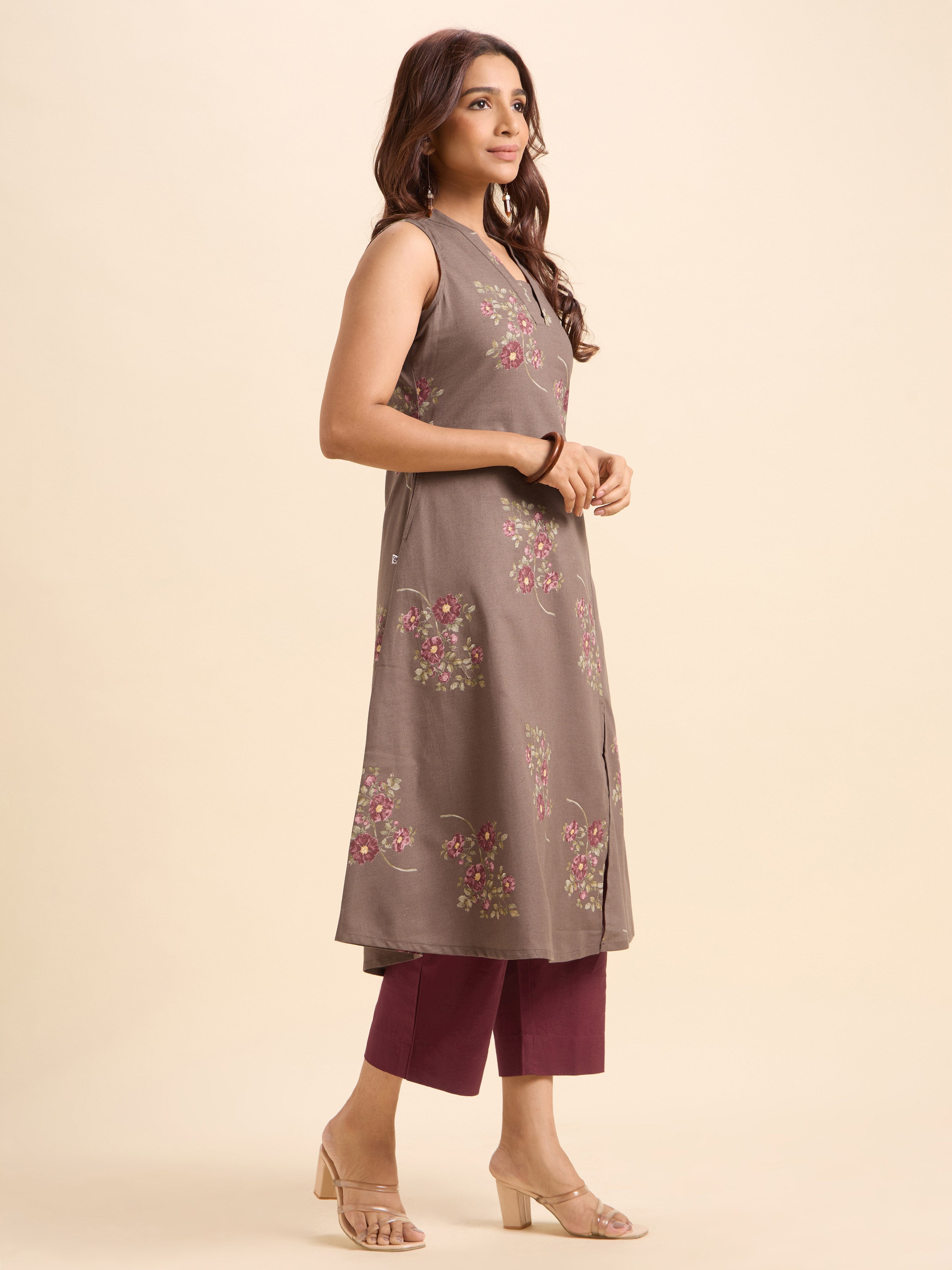 Coffee Brown Multi-Colour Cotton Flax Slub Printed Flared Kurti Set