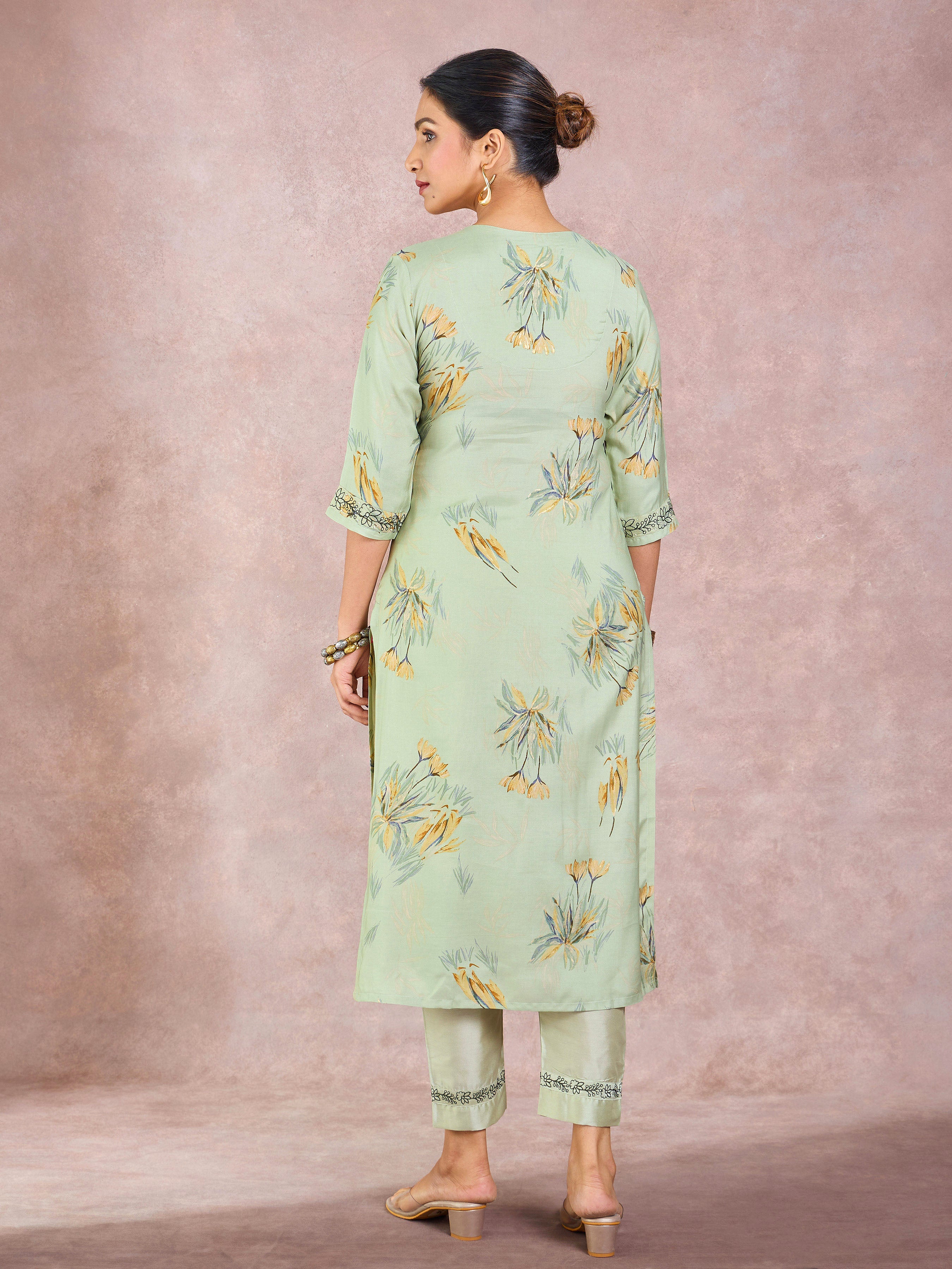 Pista Green Viscose Linen Printed Kurti & Bottom With Hand Work