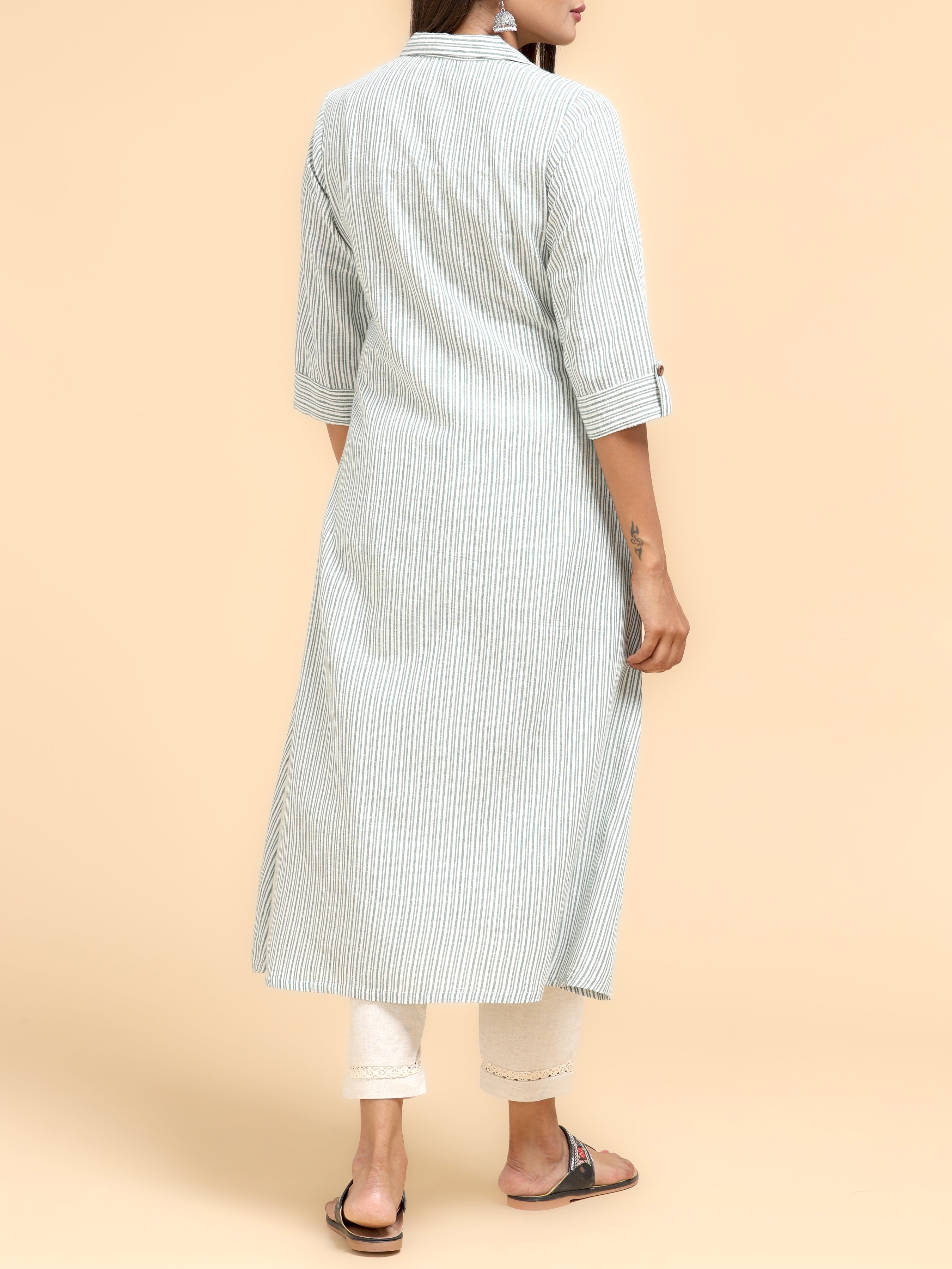 Multi-Colour Cotton Stripe Printed Kurti With Shirt Collar