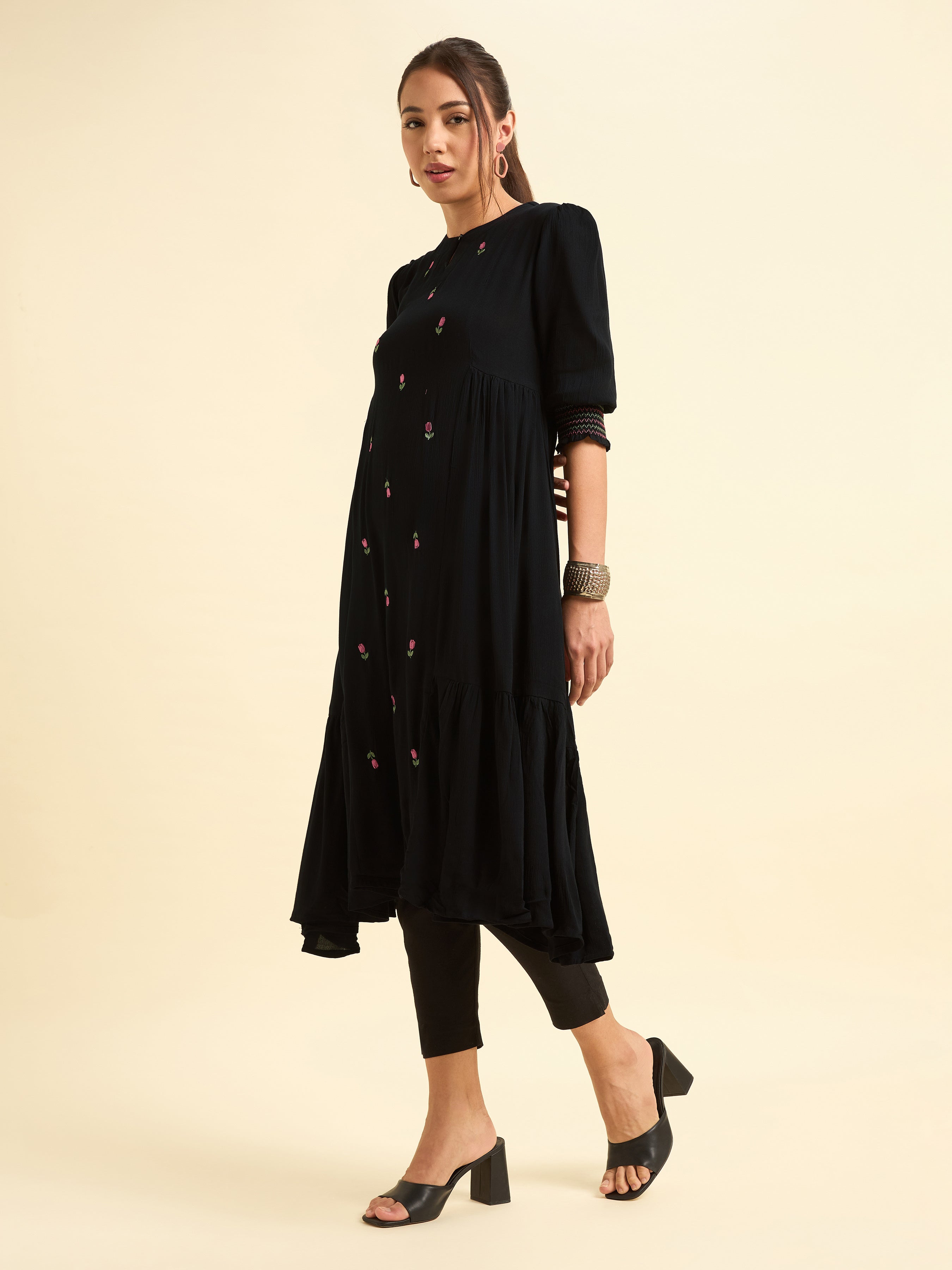 Black Wrinkle Viscose Flared Plain Kurti With Embroidery