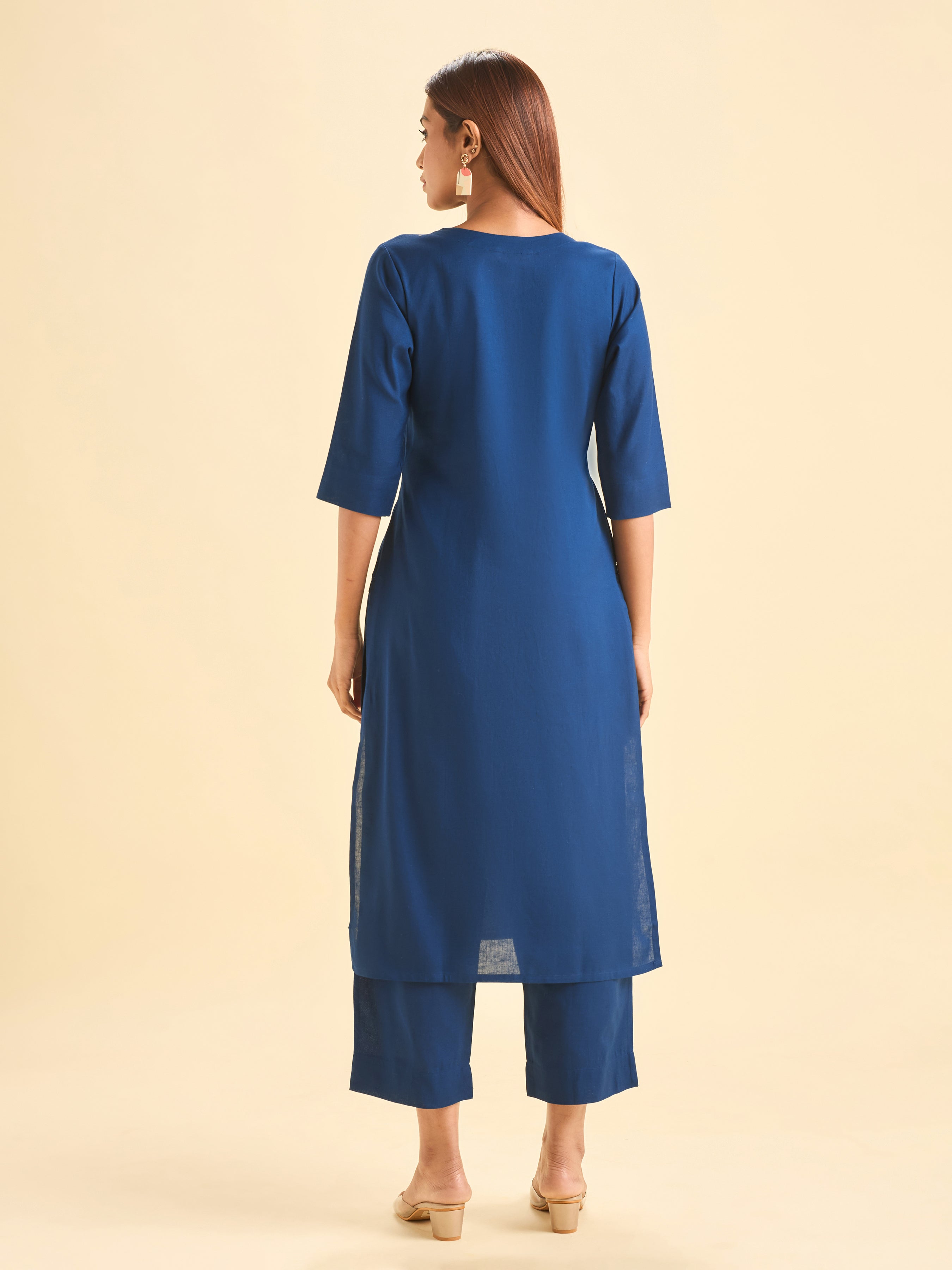 Navy Blue Cotton Flax Slit Kurti Set With Embroidery