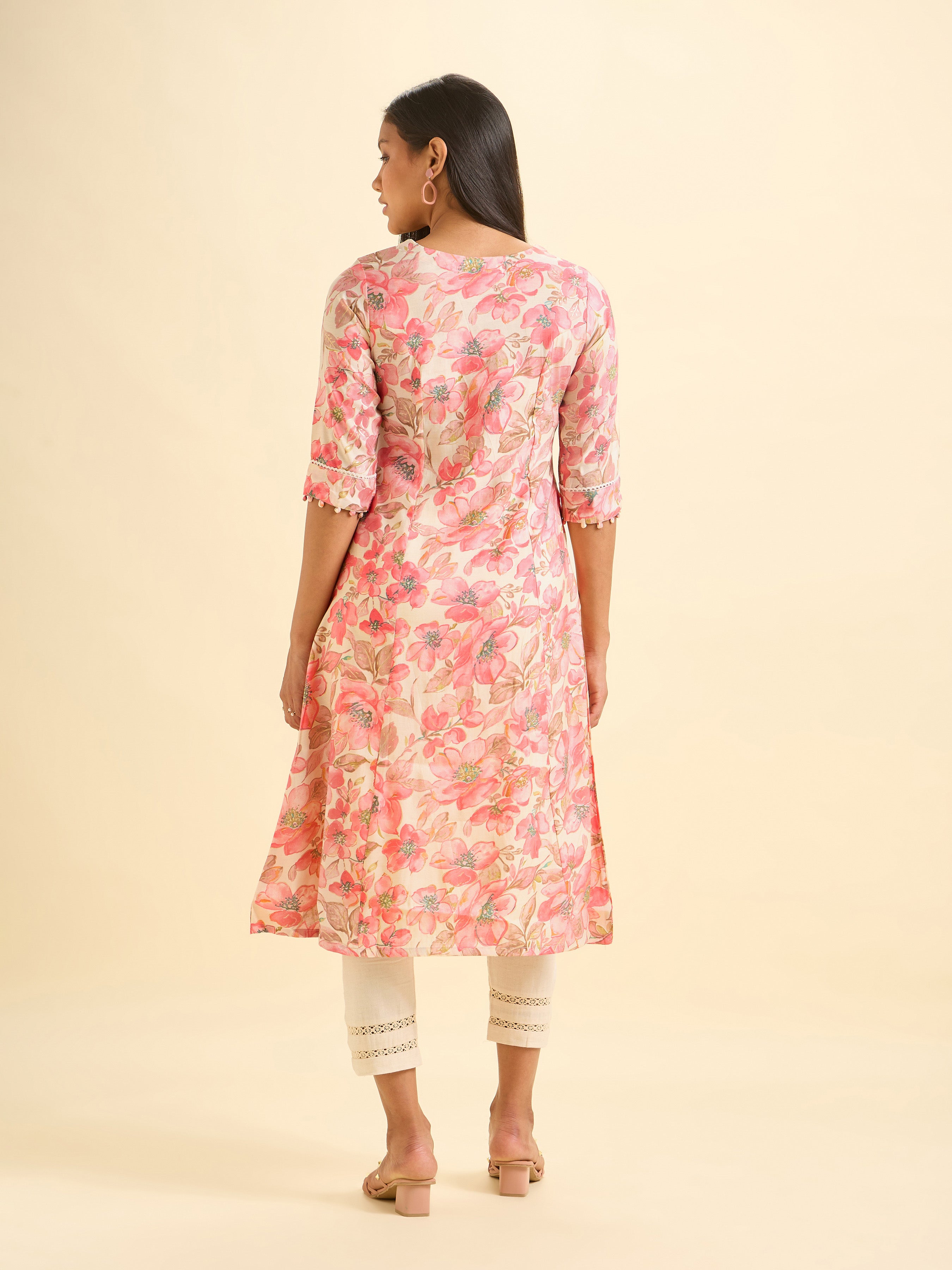 Ivory Printed Modal Chanderi Kurti With Lace