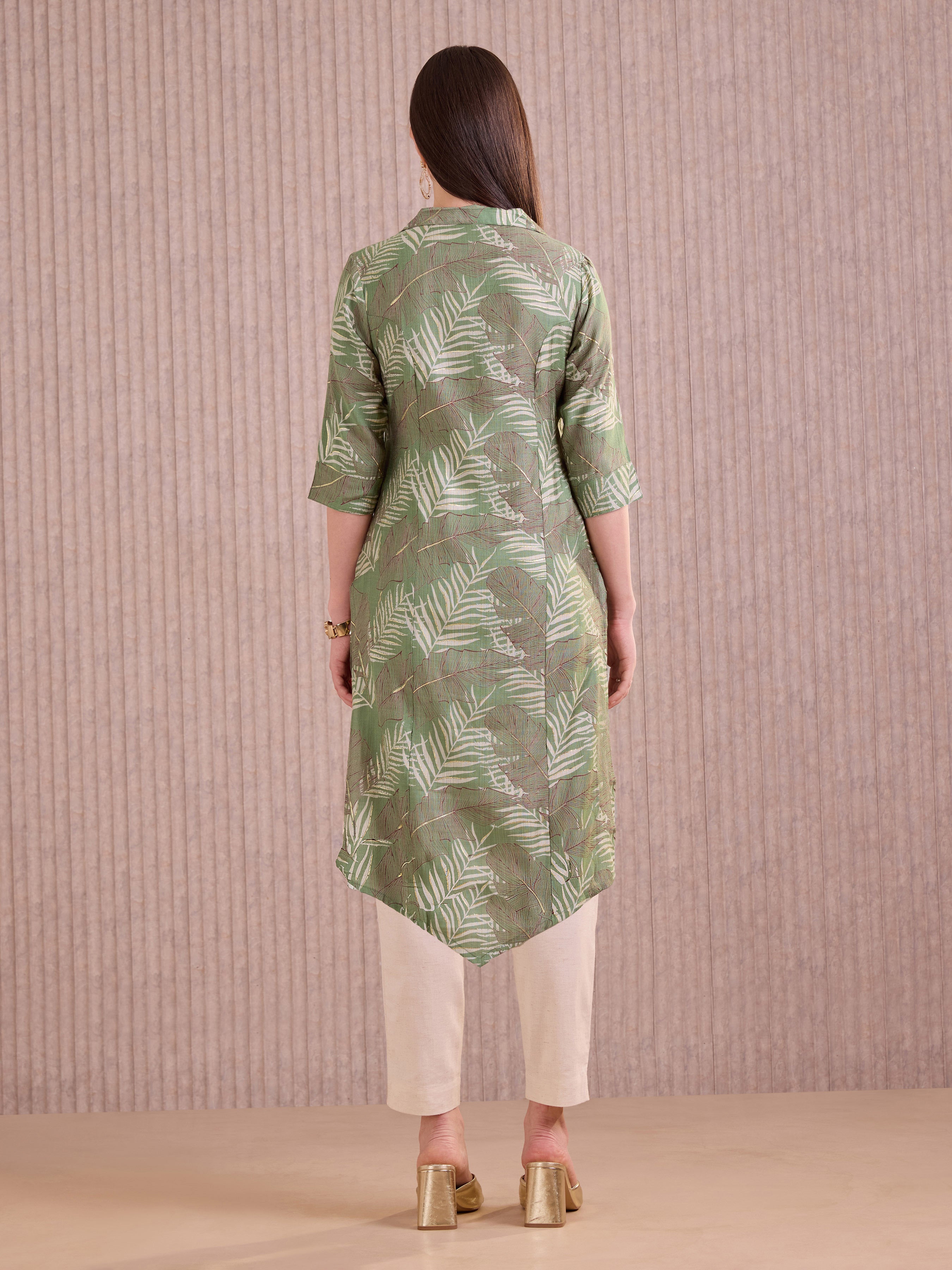 Olive Green Viscose Blend Printed Kurti