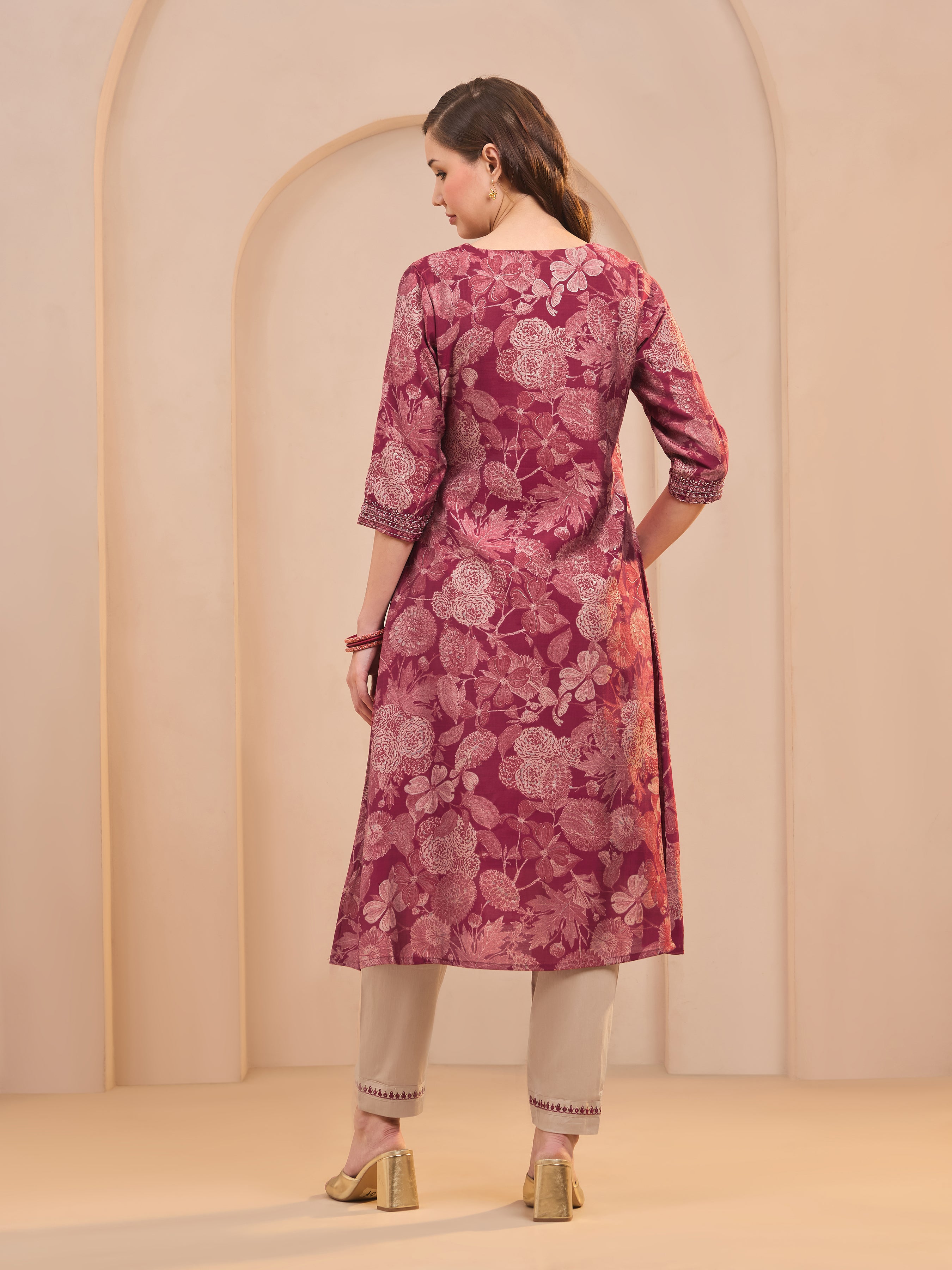 Majenta Modal Chanderi Floral Printed Kurti Set With Hand Work