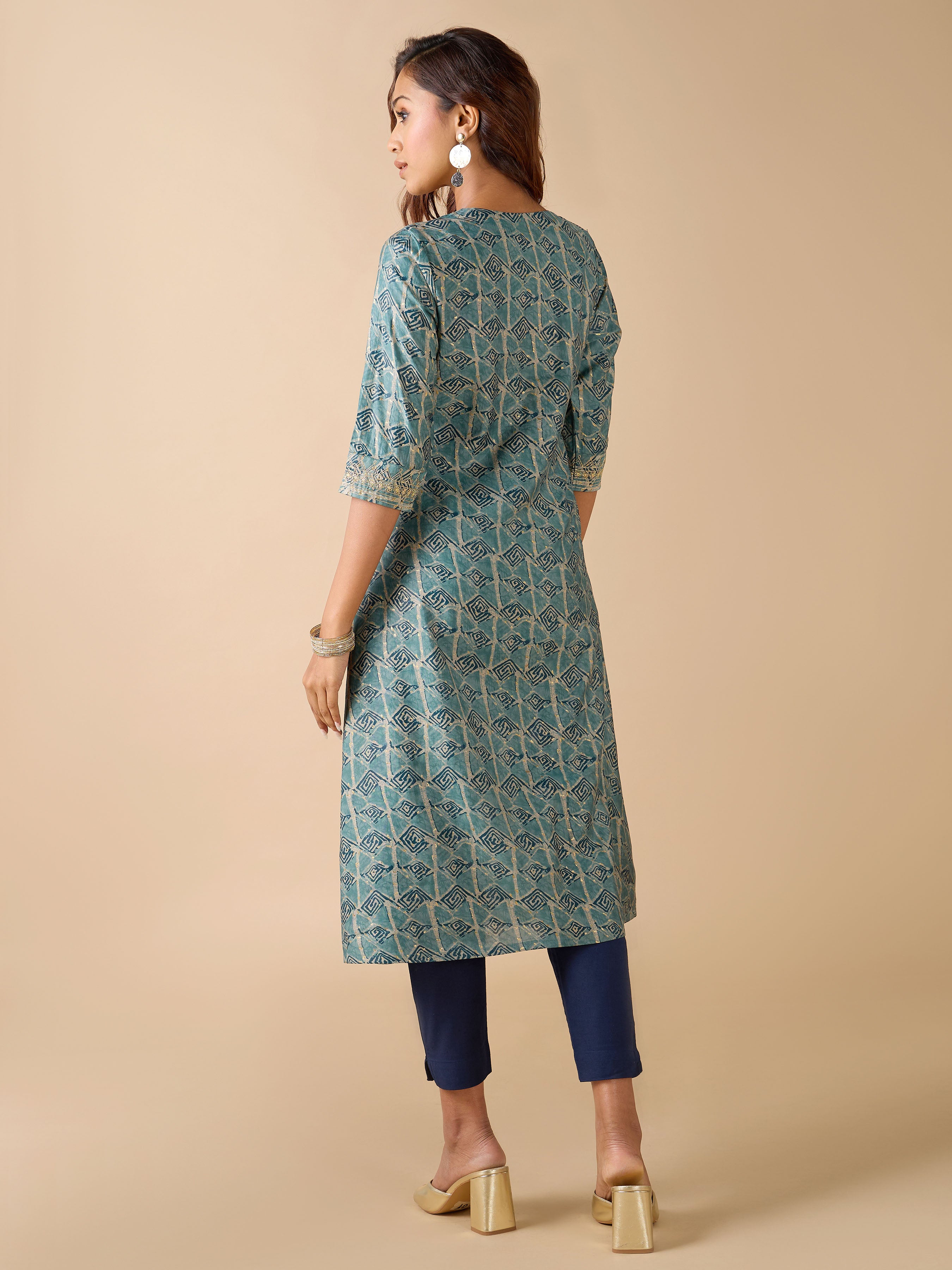 Teal Modal Chanderi Geometrical Printed Kurti With Sequins Embroidery