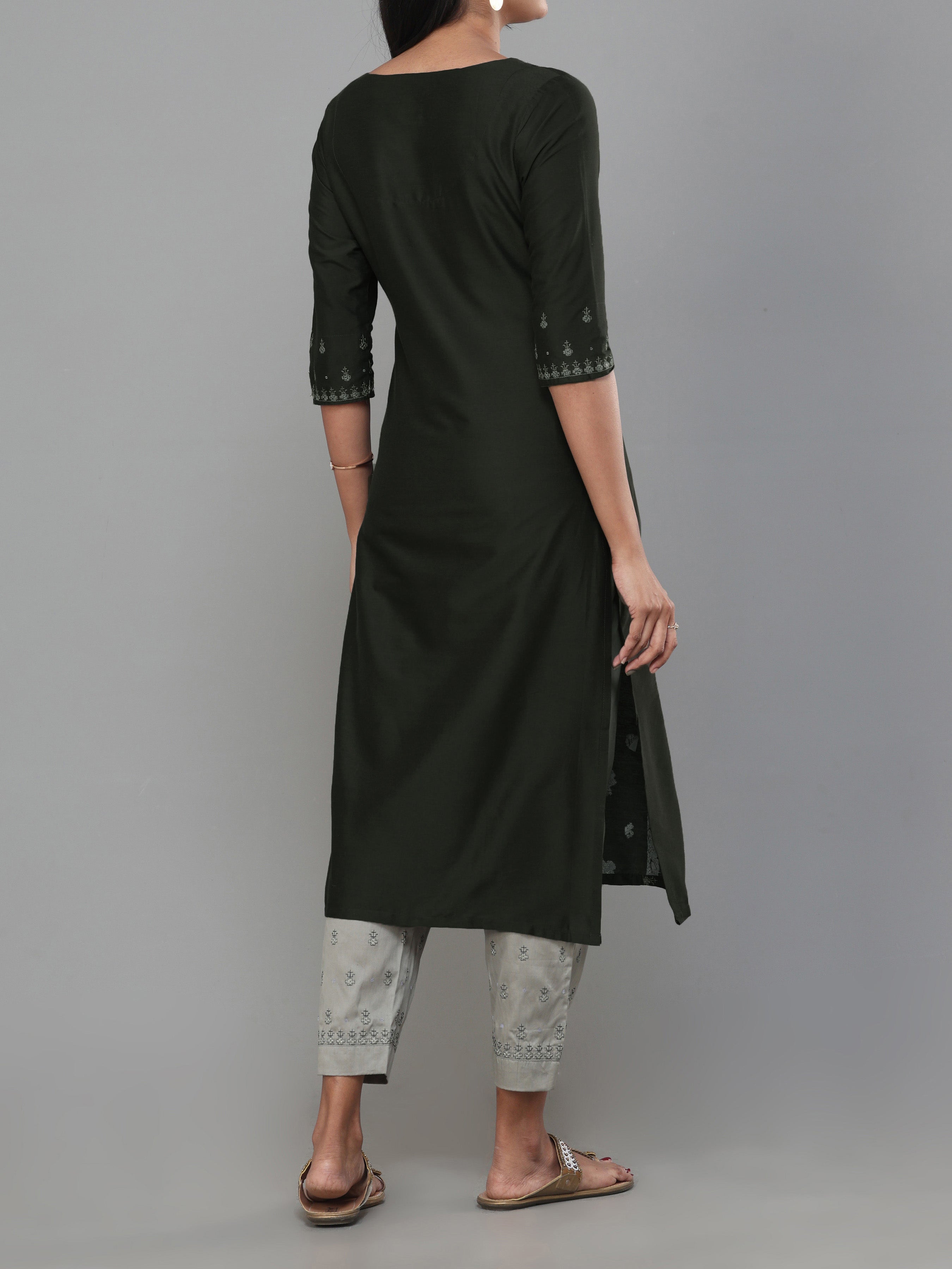Olive Green Poly Viscose Kurti With Embroidery And Matching Bottom