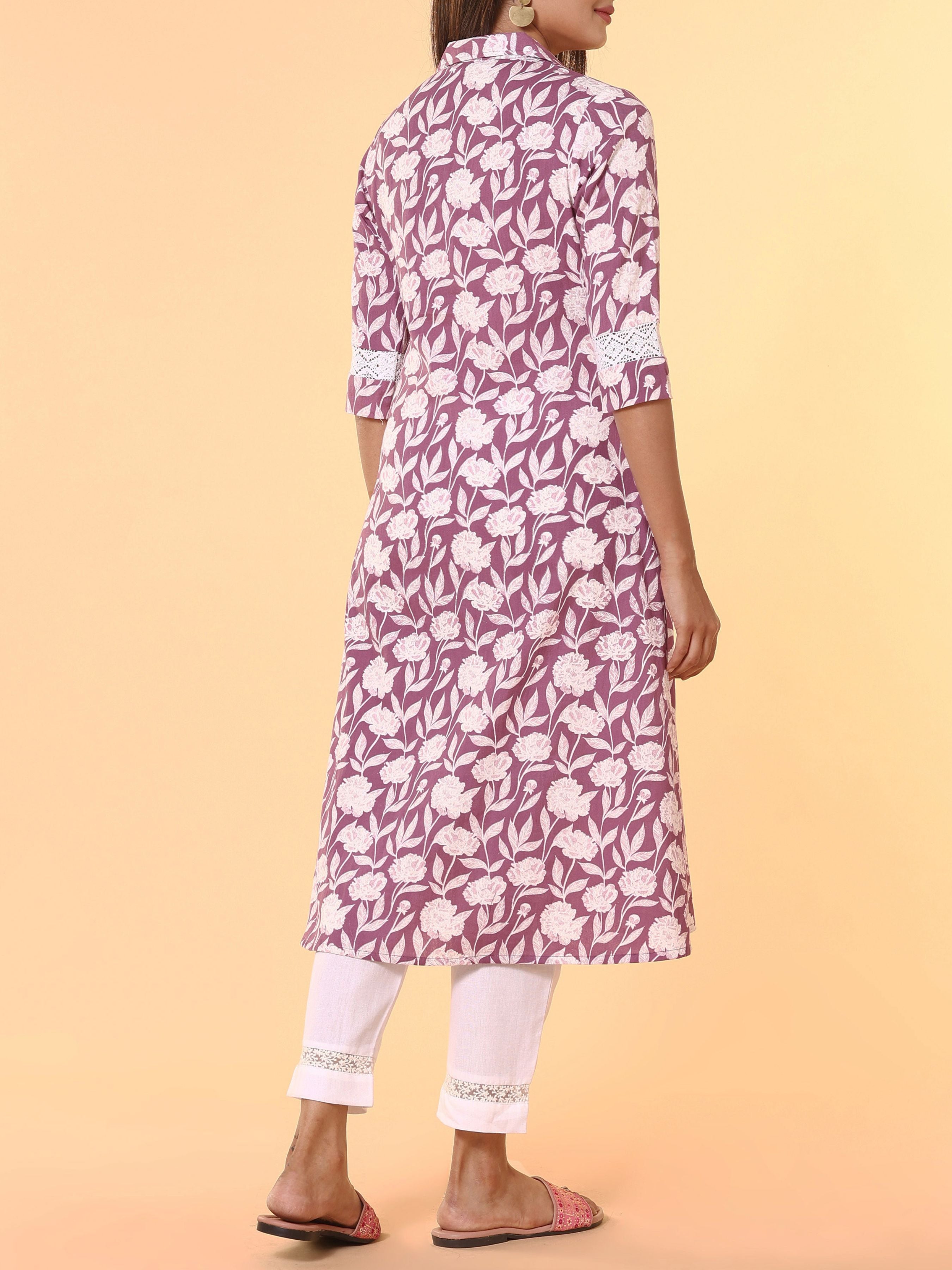 Onion Pink Pure Cotton Printed Kurti With Lace Detailing