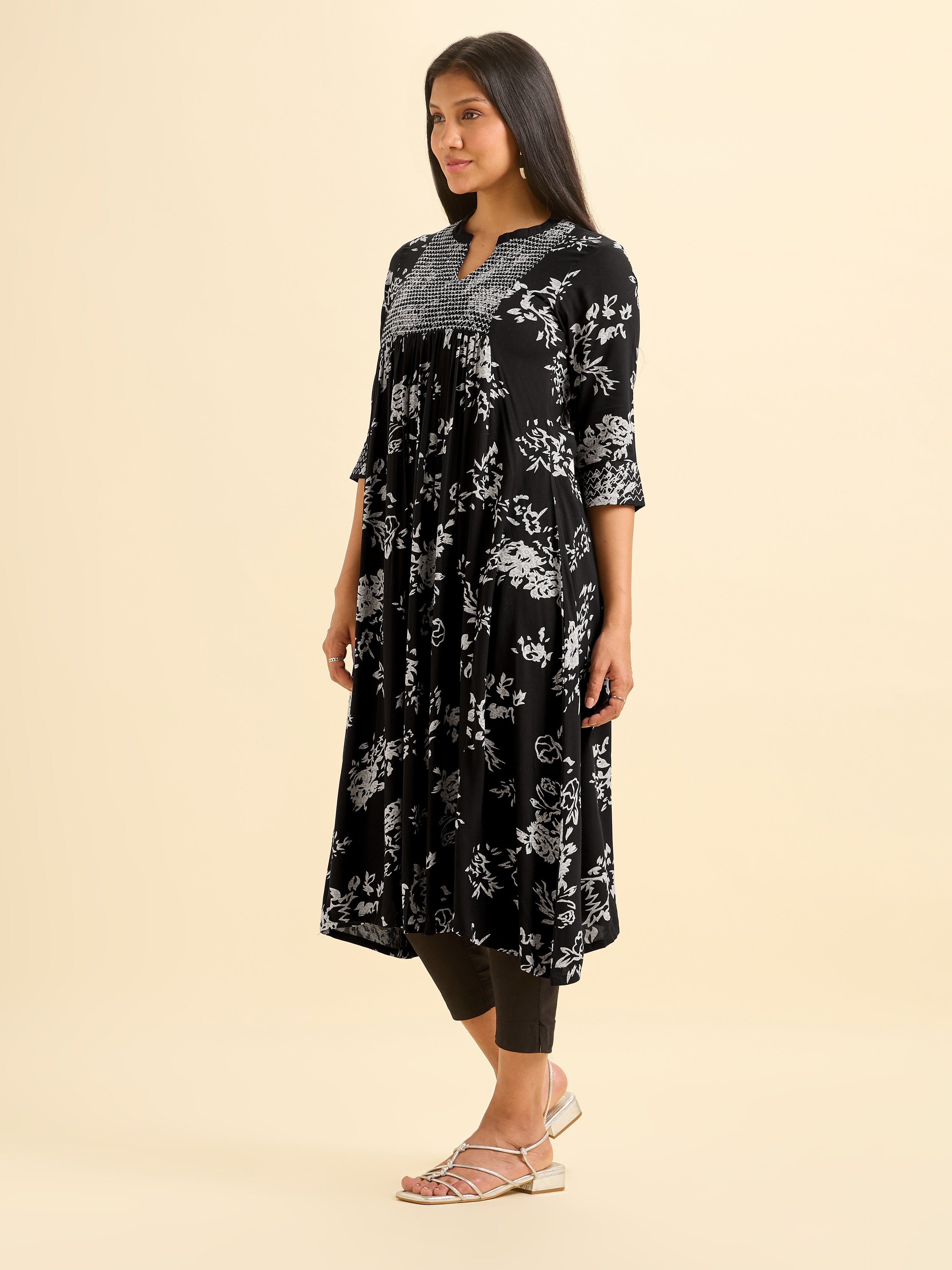 Black And Ivory Viscose Printed Flared Kurti With Smocking Embroidery